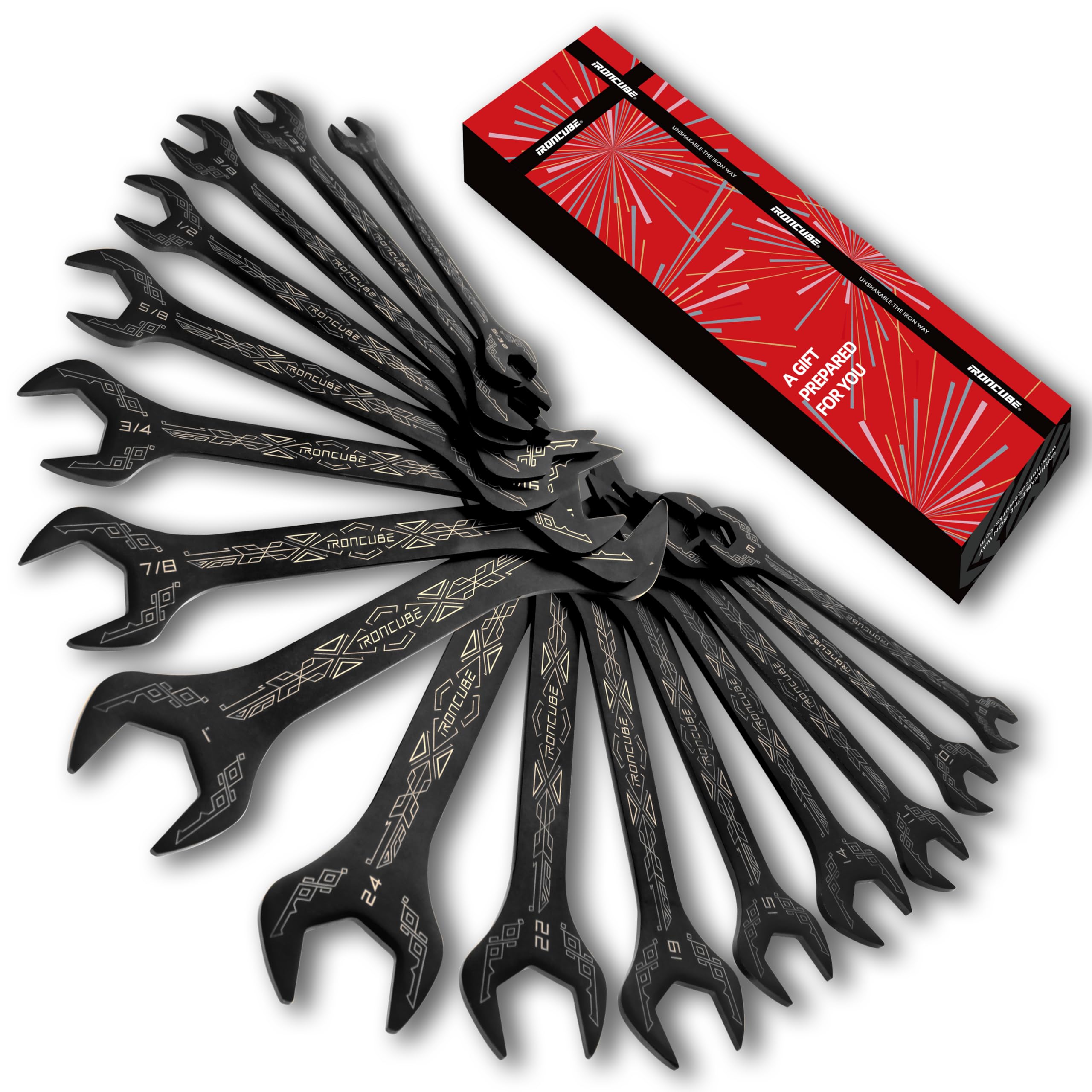 IRONCUBE Super Thin Wrench Set For Bike: 16-Piece SAE & Metric - Stainless Steel - Rust Resistant - For Tight Spaces.