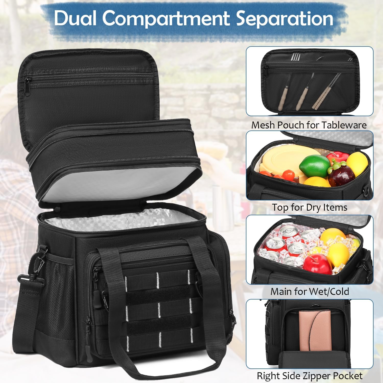 Tactical Lunch Box for Men, 25 L Insulated Expandable Large Lunch Bag Cooler Bag for Men, Double Deck Soft Mens Lunchbox for Work, Camping, Picnic, Beach, Hiking, Outdoor & Travel, Black