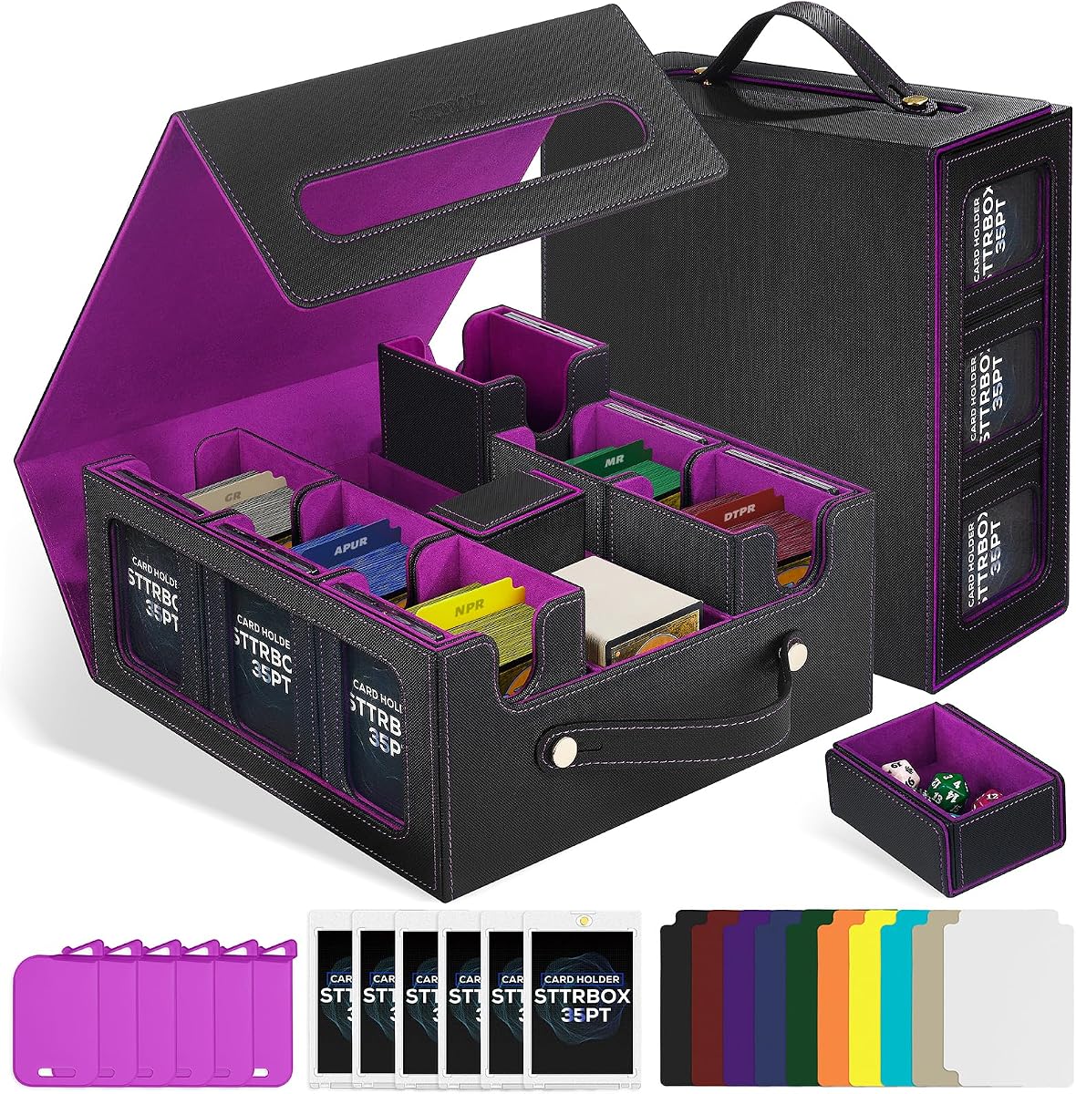 Commander Deck Box con asa, caja de almacenamiento de tarjetas coleccionables para MTG y TCG. Caja de cubierta MTG 7 en 1 con 6 cargadores superiores, 6 tapones, 10 divisores coloridos. (Negro y morado, 7 en 1)