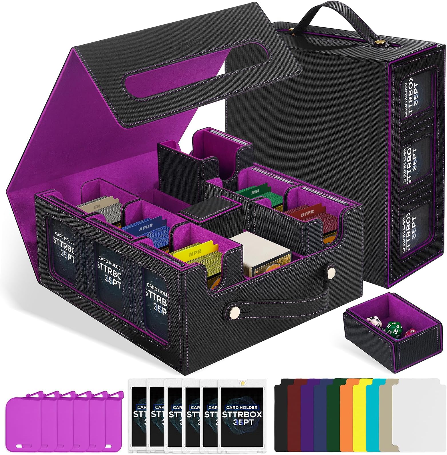 Commander Deck Box with Handle, Trading Card Storage Box for MTG&TCG.7 in 1 MTG Deck Box with 6 Toploaders, 6 Stoppers, 10 Colorful Dividers. (Black& Purple, 7 IN 1)