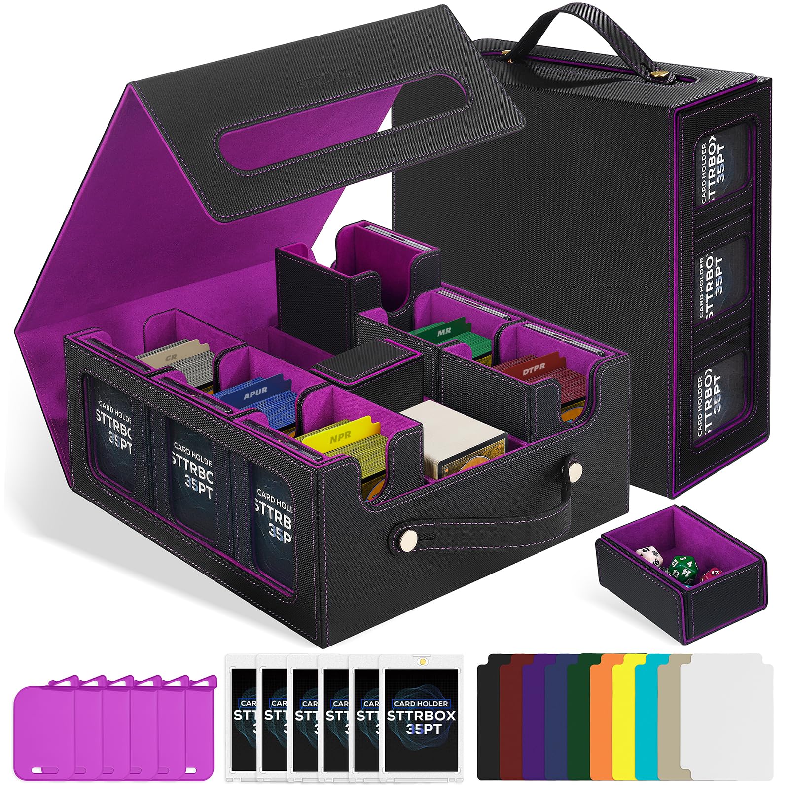 Commander Deck Box with Handle, Trading Card Storage Box for MTG&TCG.7 in 1 MTG Deck Box with 6 Toploaders, 6 Stoppers, 10 Colorful Dividers. (Black& Purple, 7 IN 1)