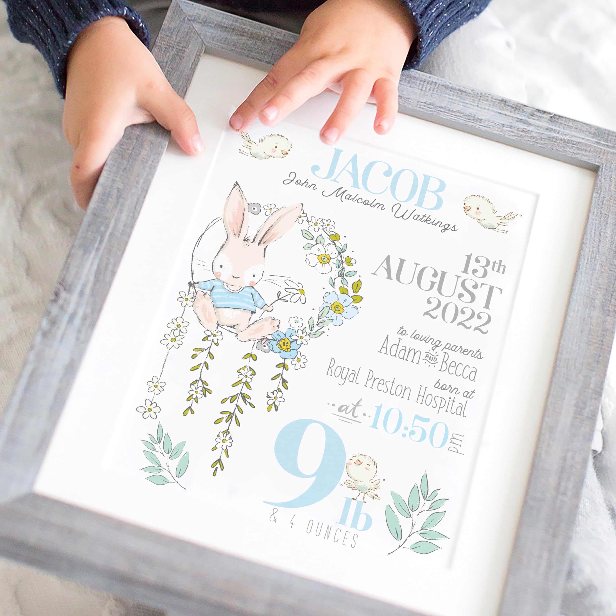 The Whistling Wren - Personalised Rabbit Birth Print - Birth Stats Personalisated New Baby Boy Gift Print - Perfect for a Spring or Easter baby! (Boy (Blue))