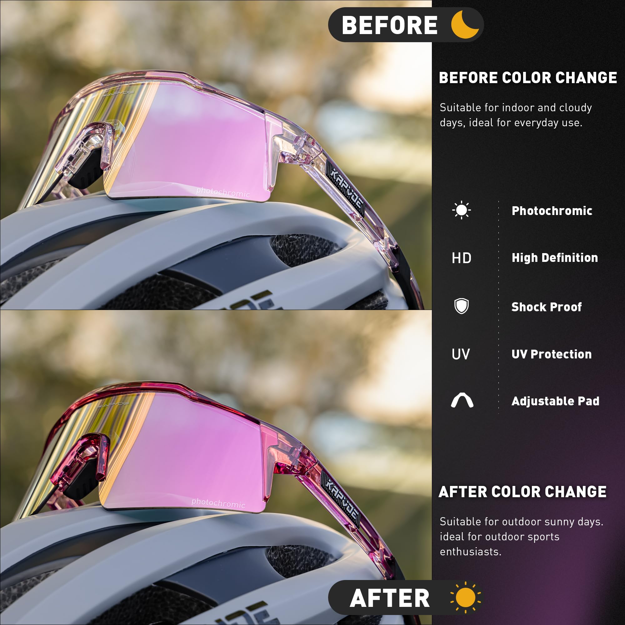 KAPVOE Gafas de ciclismo fotocromáticas UV400 hombre mujer TR90 K9023 | Full Frame Photochromic Technology, Protección UV400, Estructura TR90 y soporte interior integrado