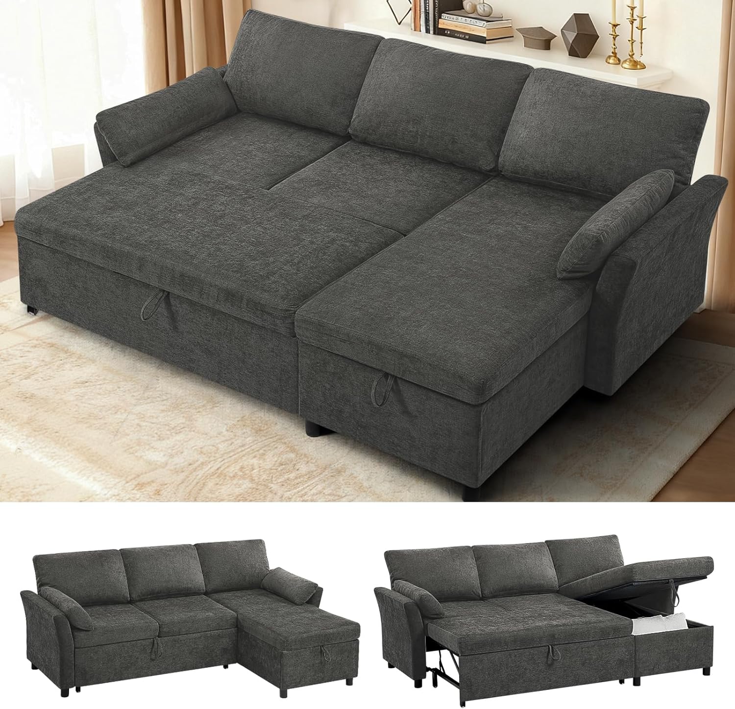 83 Inches Fabric Sectional Sofa with Pull Out Sofa Bed, Modern L Shaped Sofa with Throw Pillows, Comfortable Sleeper Couch with Storage Chaise for Living Room, Grey