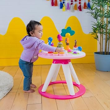 Bright Starts, Around We Go 2-in-1 Walk-Around Activity Center and Table - Tropic Coral, Walker with Music, Lights and Interactive Toys, Removable Seat, Ages 6 Months +, Pink