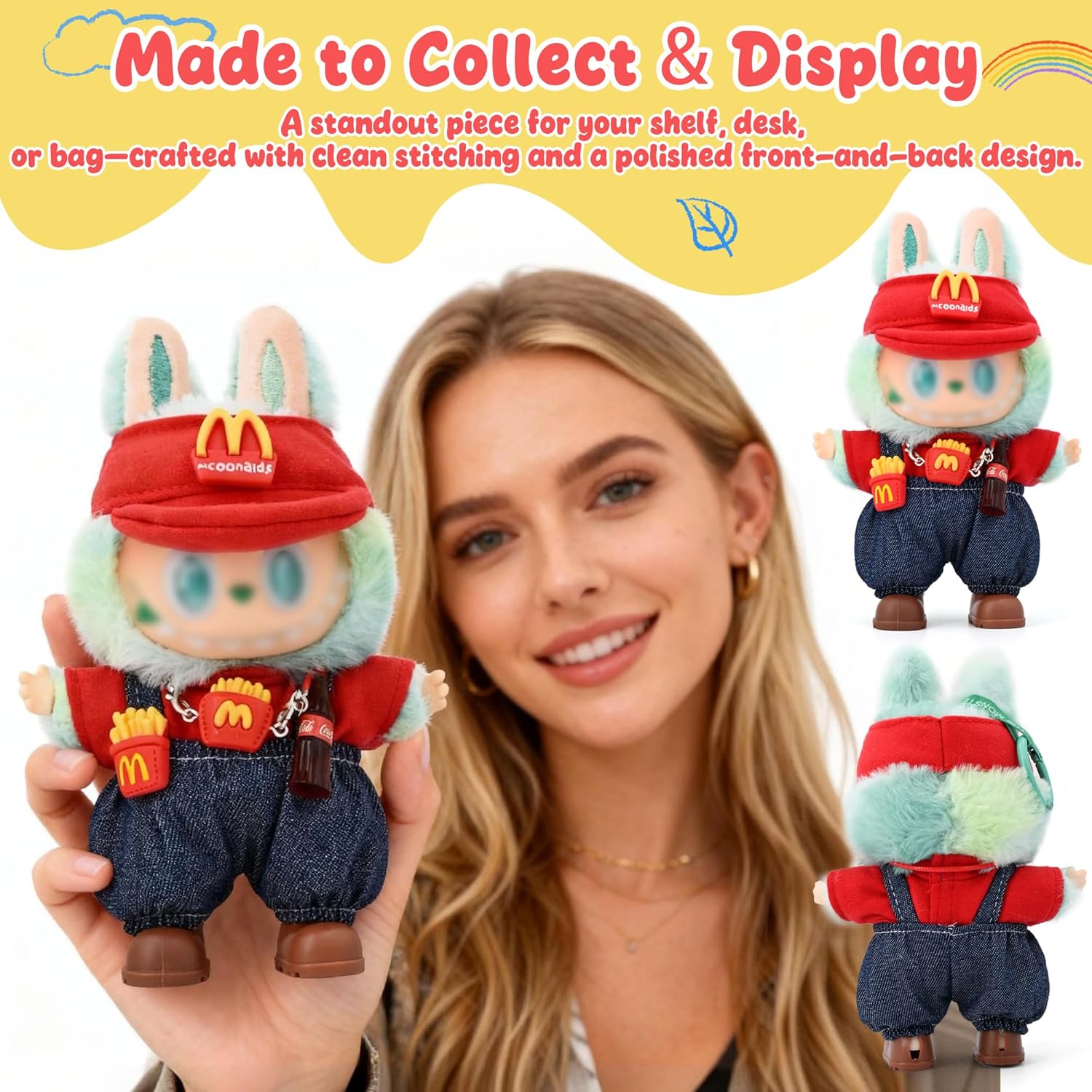 Clothes for Labubu 17cm Dolls (Doll Not Included) Doll Outfits Suit for Labubu Cute Stylish Up Set for Labubu with Top + Overalls + Hat, Plush Texture_Red