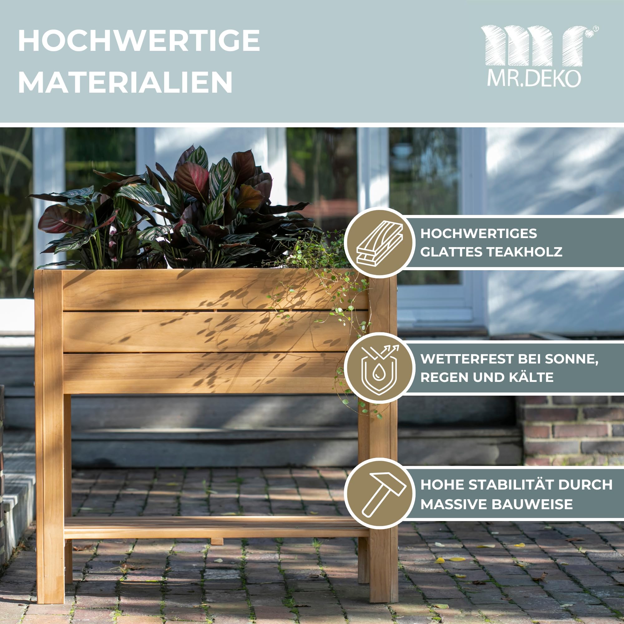 MR. DEKO® Hochbeet Kräuter aus Teakholz | modernes Gartenbeet XL Blumenkasten 86x40x80 cm (BxTxH) | großes Kräuterbeet | Pflanzenbeet für den Balkon-Garten | Naturholz mit Folie | Sichtschutz