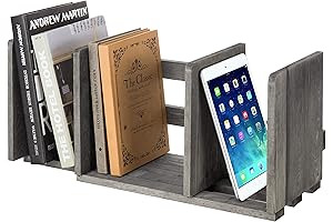 MyGift Barnwood Gray Wood Desktop Bookshelf Organizer, Expandable Adjustable Display Shelf Book Rack