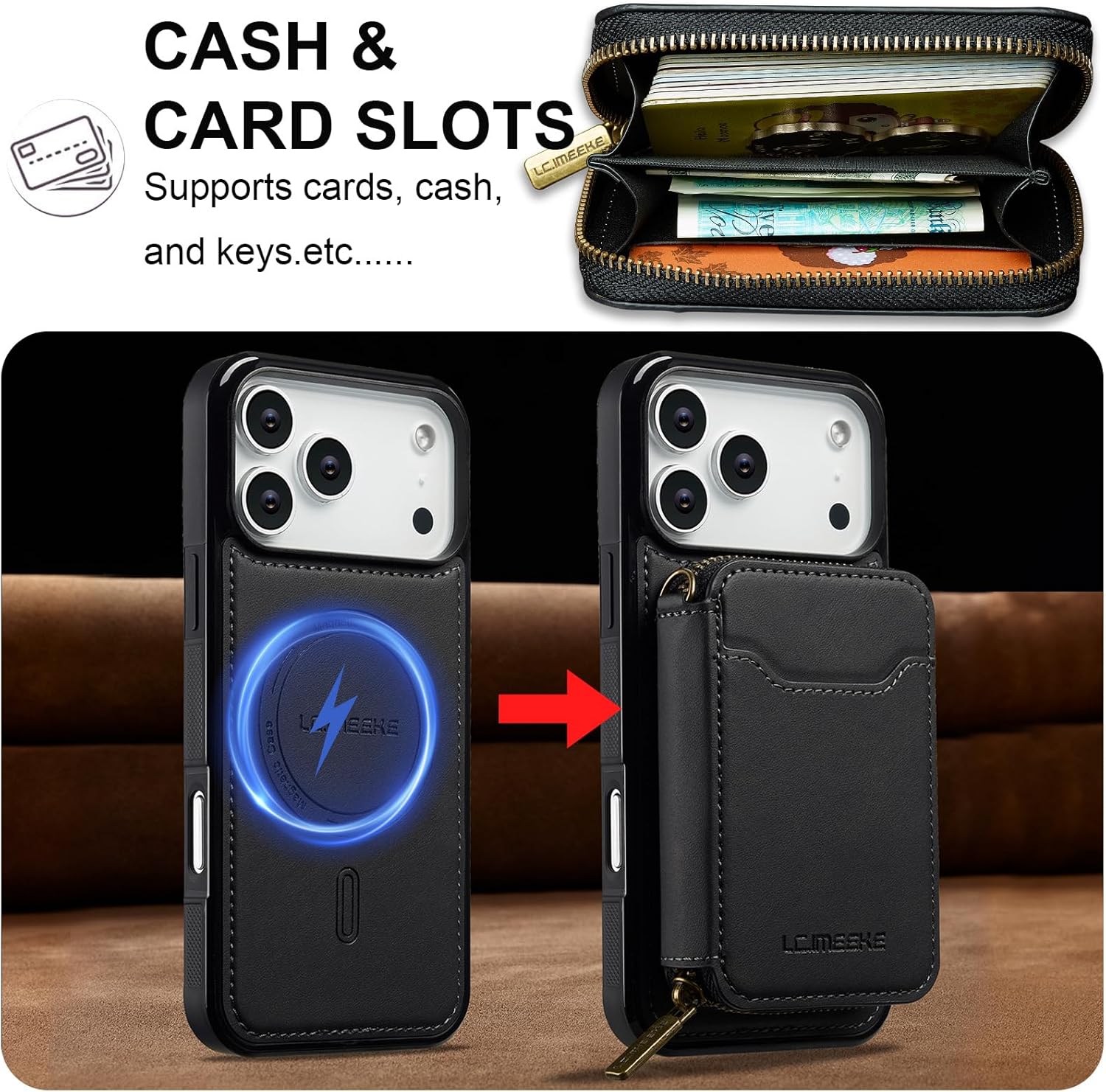 SZHAIYU L6 2 in 1 Detachable Magnetic Phone Cases Compatible with Magsafe IPhone 17 Pro Max Case with Card Holder Large Capacity Zipper Wallet Leather 6.9'' RFID Blocking (IP 17 Pro Max,Black)