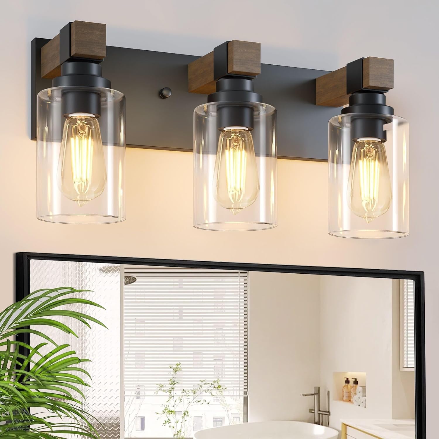 Farmhouse Bathroom Vanity Light Fixtures,Rustic 3-Light Wood Vanity Lights for Bathroom,Vintage Black Wall Sconces Lighting, Light fixtures Over Mirror, with Glass Shade Black 3-Light