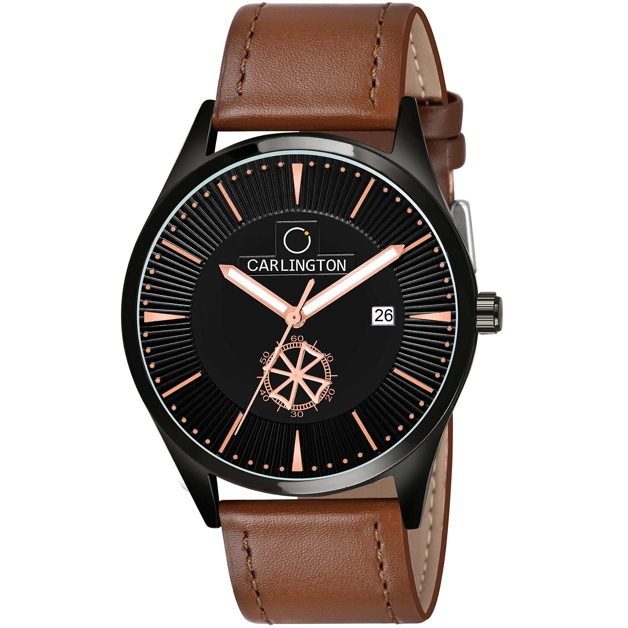Carlington Analog Men's Wrist Watch with Leather Strap - Tan-Black