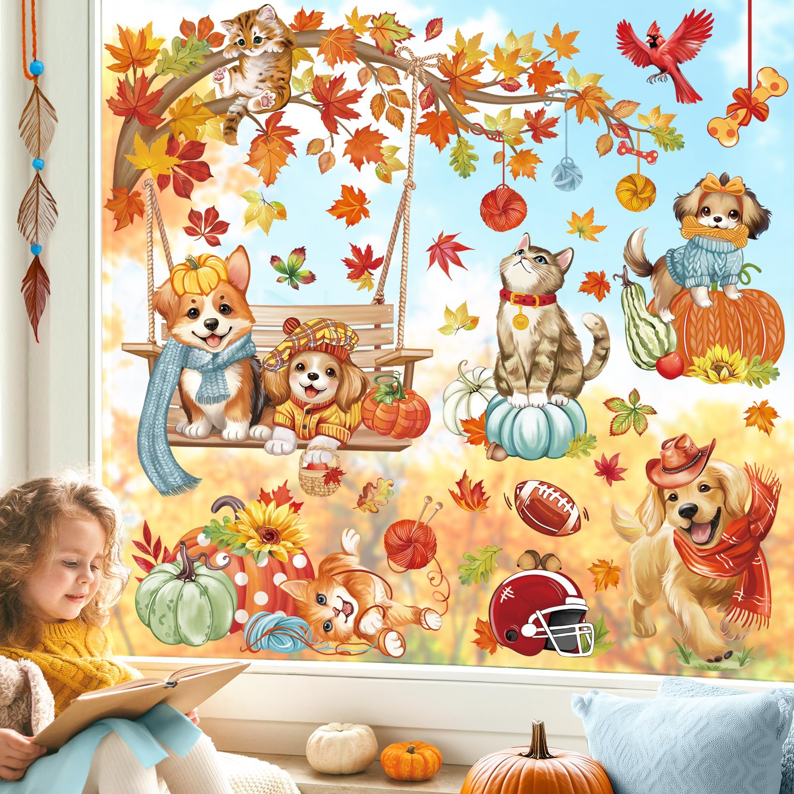 wondever Fall Animals Pets Window Clings Autumn Tree Branch Dogs Cat Swing Glass Sticker Decal Anti Collision Double-Side Static Window Stickers for Home Glass Window - Image 3
