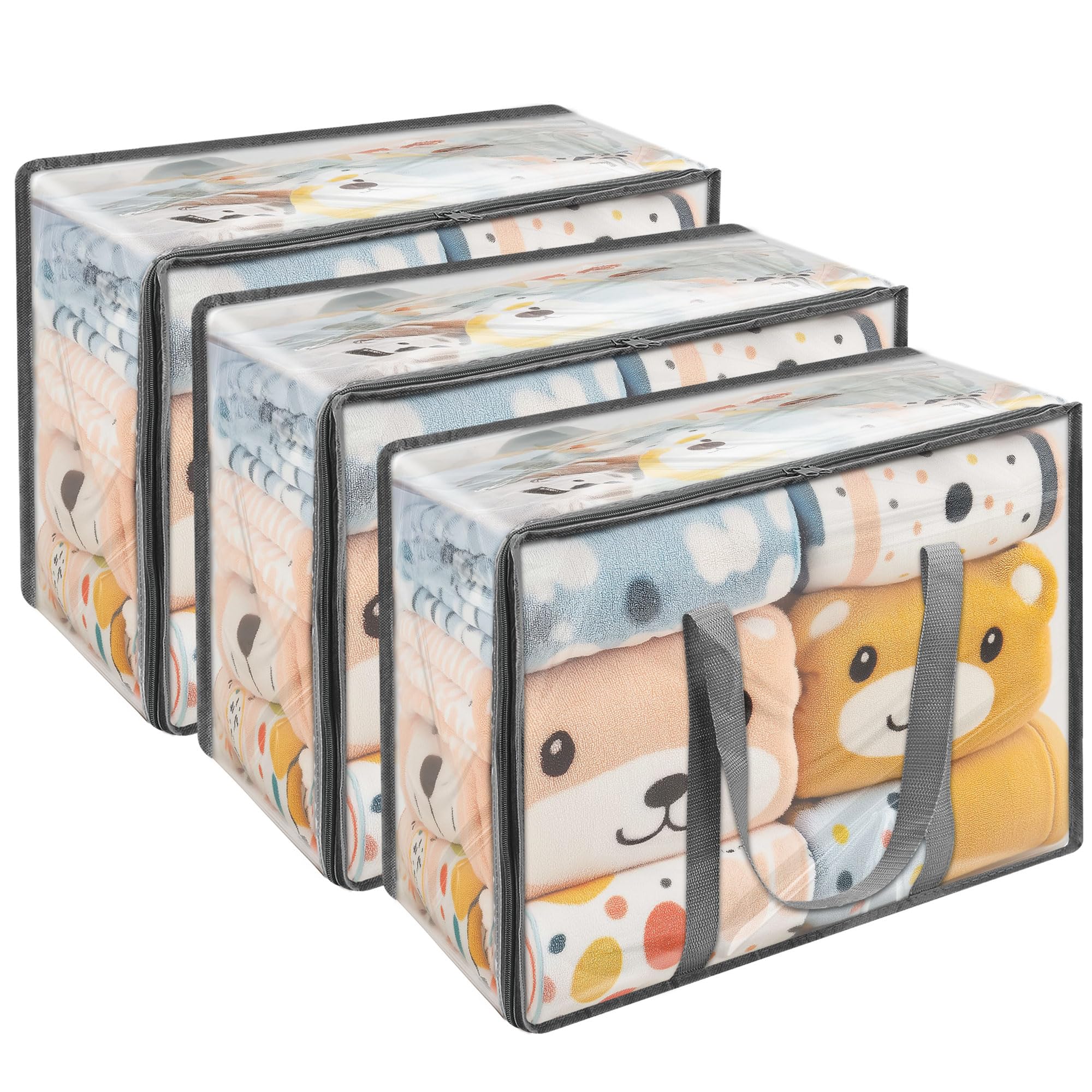 – Vieshful Clear Clothes Storage Bag Organizer with Grey Reinforced Handle, 18.1 X 15 X 9.1 in, Storage Bag for Comforter, Blanket, Bedding, Duvet, Transparent Moving Totes with Sturdy Zipper, 3 Pack