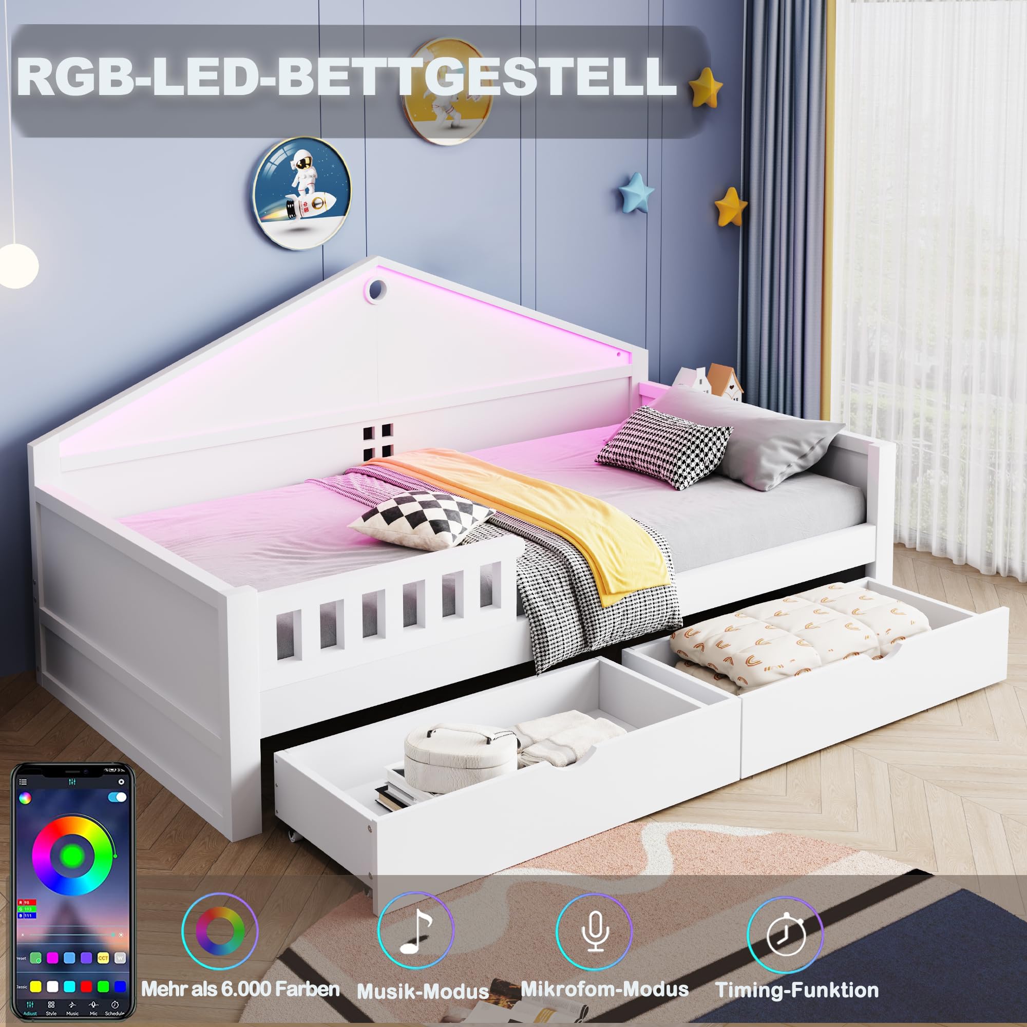 Lettino per bambini, 90 x 200 cm, con barra luminosa, cassetti, rete a doghe, letto singolo, letto per ragazzi, bianco