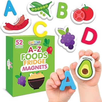 Curious Columbus Magnetic Foods and Letters for Kids, 52-Piece ABC Set | 26 Food Picture Magnets from A-Z, 26 Uppercase Letters to Match and Learn ABCs, Soft Foam Fridge Magnets for Kids