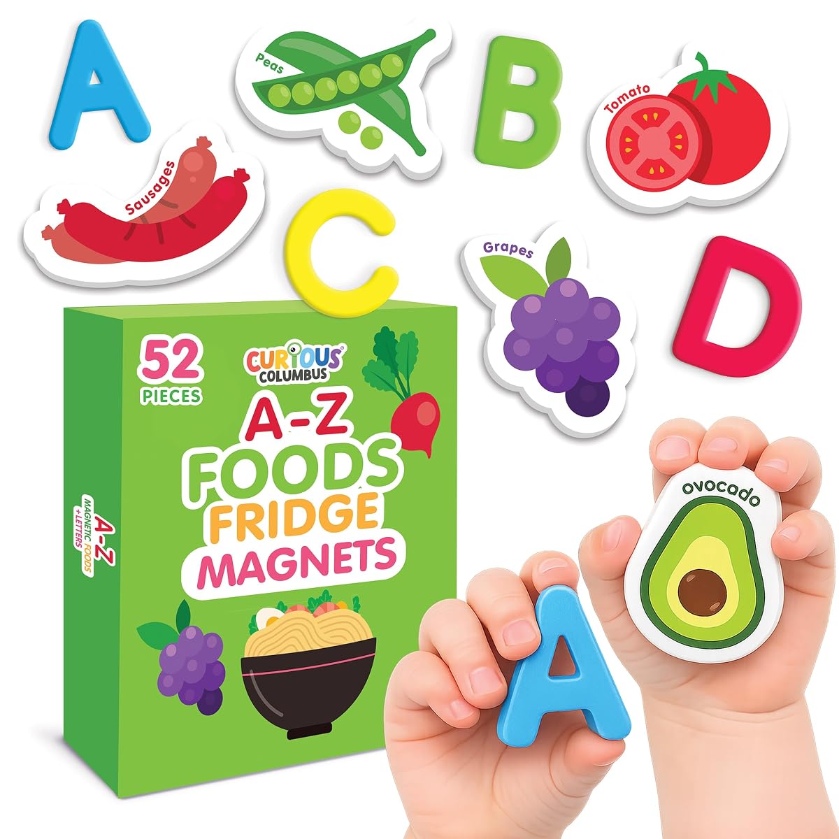 Curious Columbus Magnetic Foods and Letters for Kids. Set of 52 pcs Includes 26