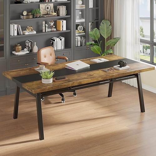 Miniatura 7 de Mesa de comedor grande de 71 pulgadas de largo con 2 cajones y estante de almacenamiento de malla metálica, mesa de cocina rectangular con marco de