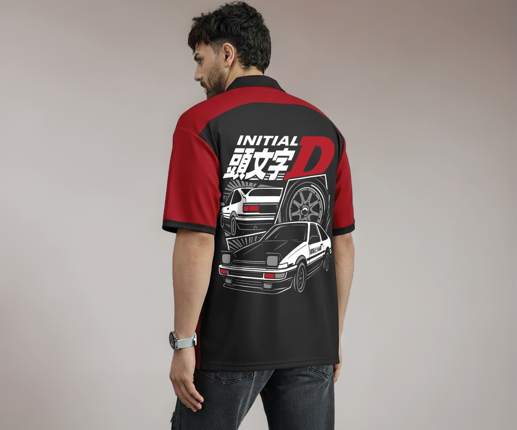 Tシャツ・アパレル Initial D 30th Anniversary Polo Shirt crazymonk Initial D Oversized Polo T-Shirt - Red & Black - S