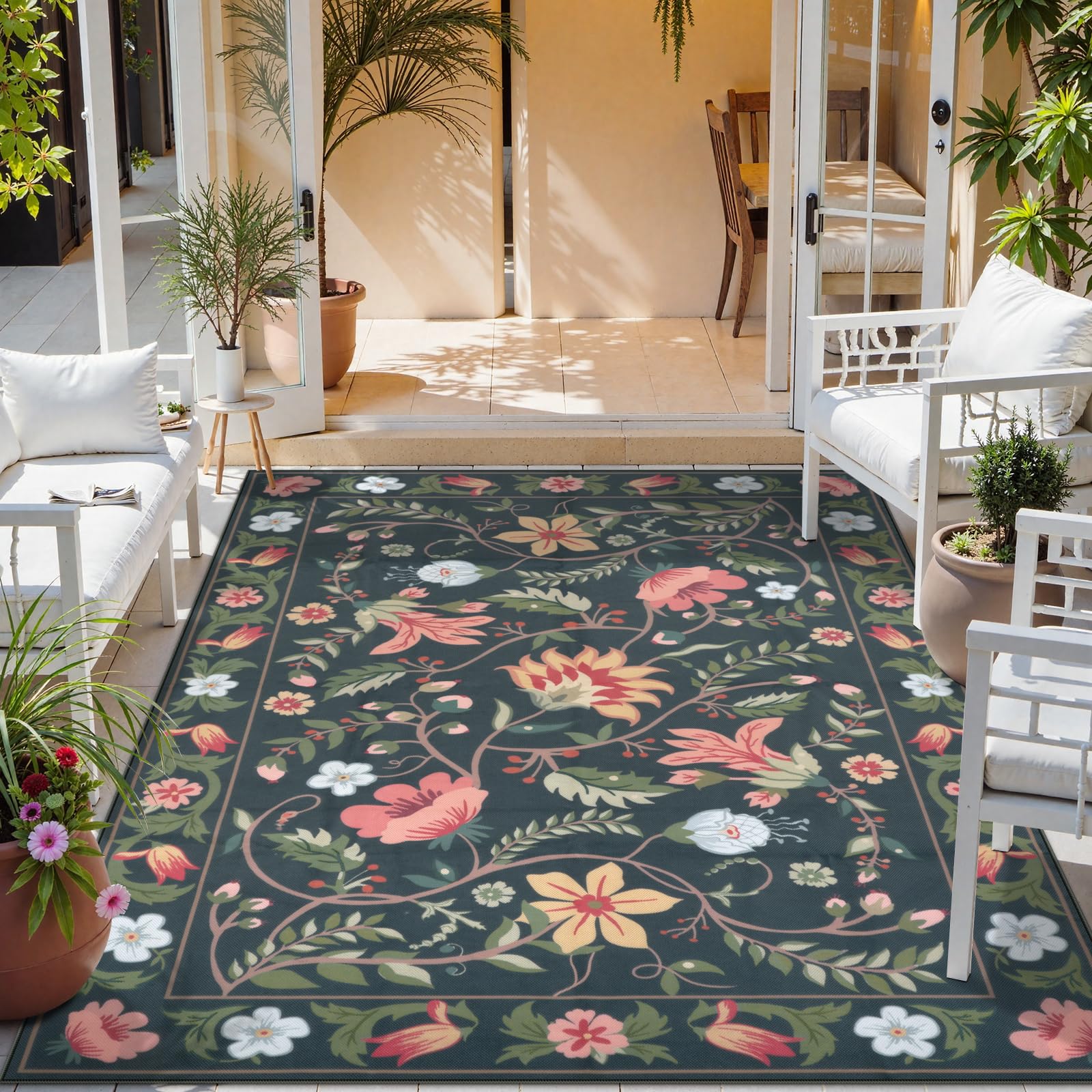 Uphome Indoor Outdoor Area Rug 6x9 ft, Large Floral Patio Rugs for RV Camping Outside, Washable Living Room Mat Non Slip, ...