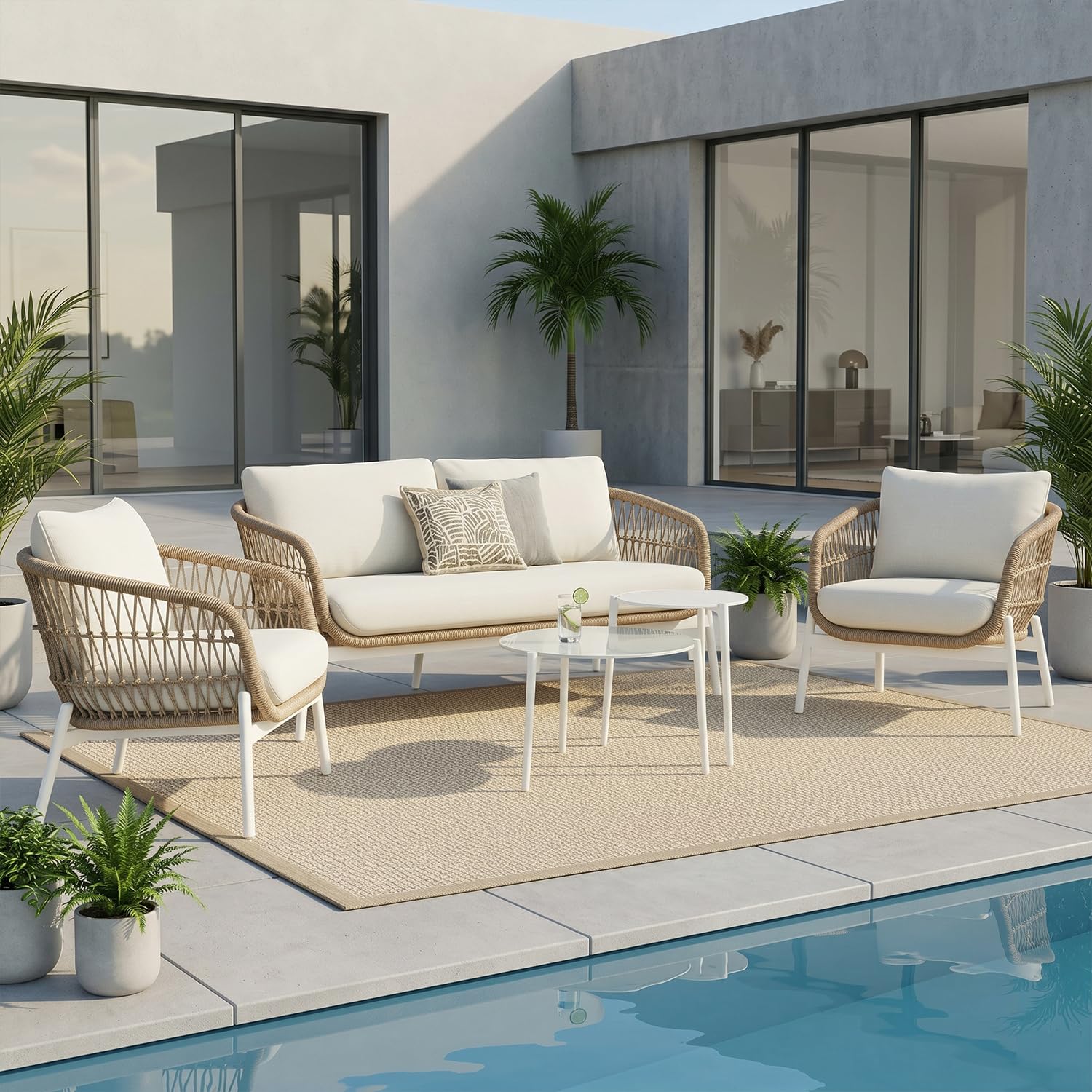 Amazon Brand - Solimo Outdoor 4 Seater Sofa Set | Balcony Sofa | Patio Furniture Sets | Conversation Sets | Braid & Rope Garden 4 Seater Sofa Set with Center Table (Beige)
