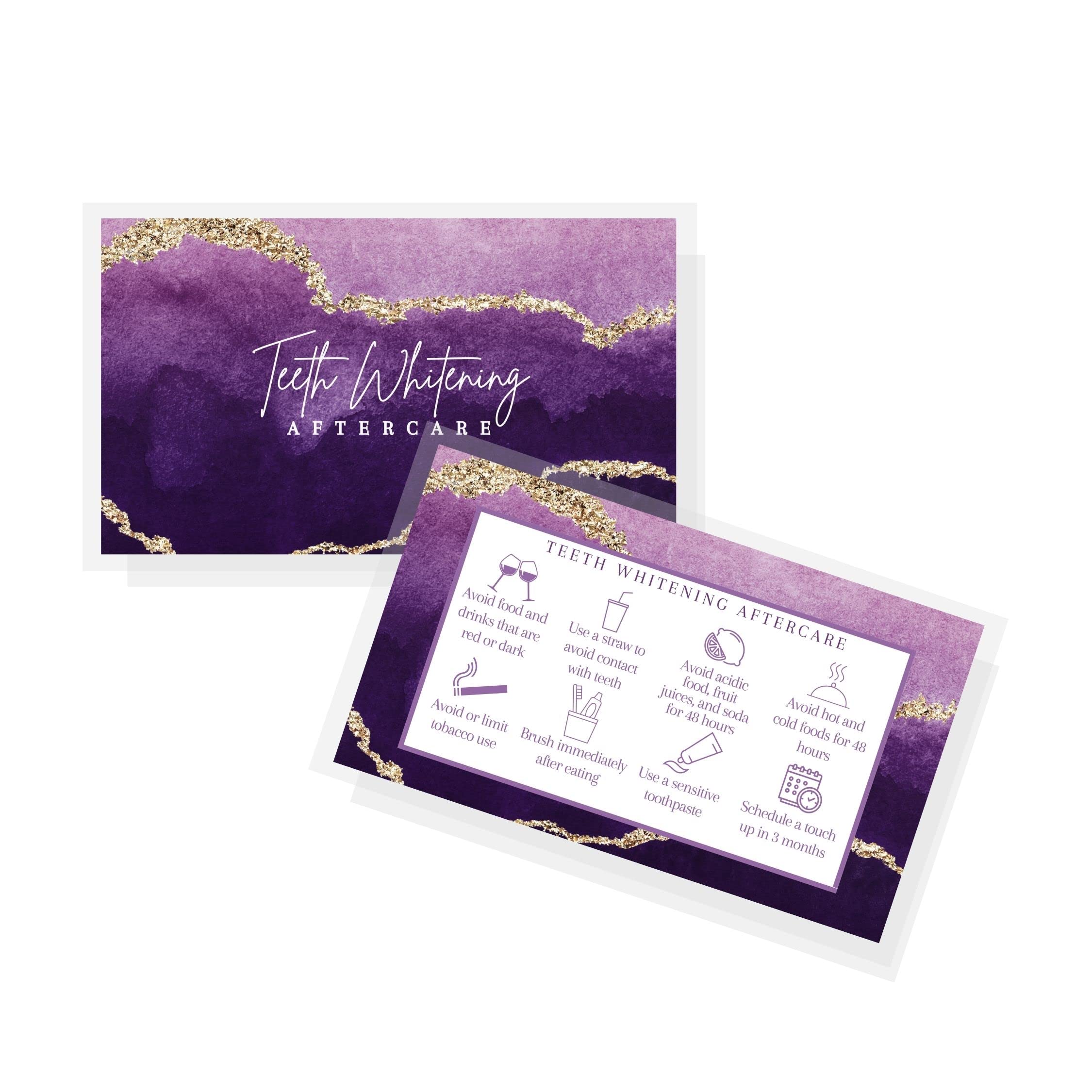 Tooth Whitening Aftercare Cards 50 Pack Size 2x3 5 inch Business Card Teeth Whitening Supplies Purple and Gold