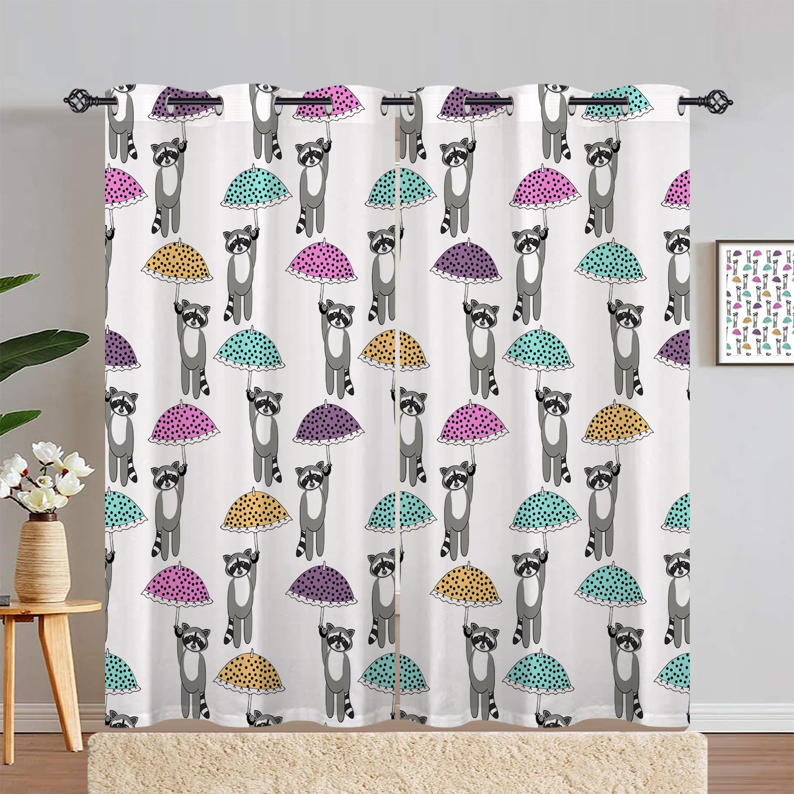 ANHOPE Raccoon Curtains Eyelet 80% Blackout Room Darkening Curtains Raccoon Colorful Umbrella Print Pattern Thermal Light Blocking Window Drapes for Kids Bedroom Living Room 55 x 90 Inch Drop 2 Panels