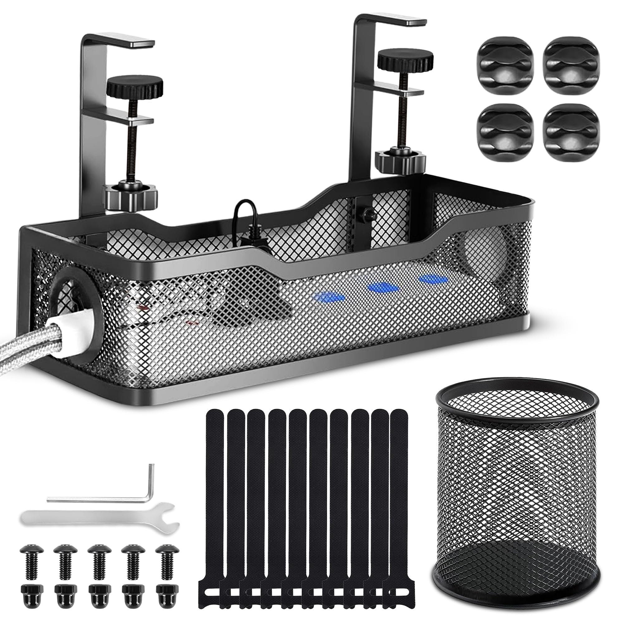 GLUN® Adjustable Under Desk Cable Organizer Rack, Screw-Fixed Wire Management Tray for Power Cord, Extension Board & Network Cables, Black Includes 10 Cable Ties & 4 Cable Organizers