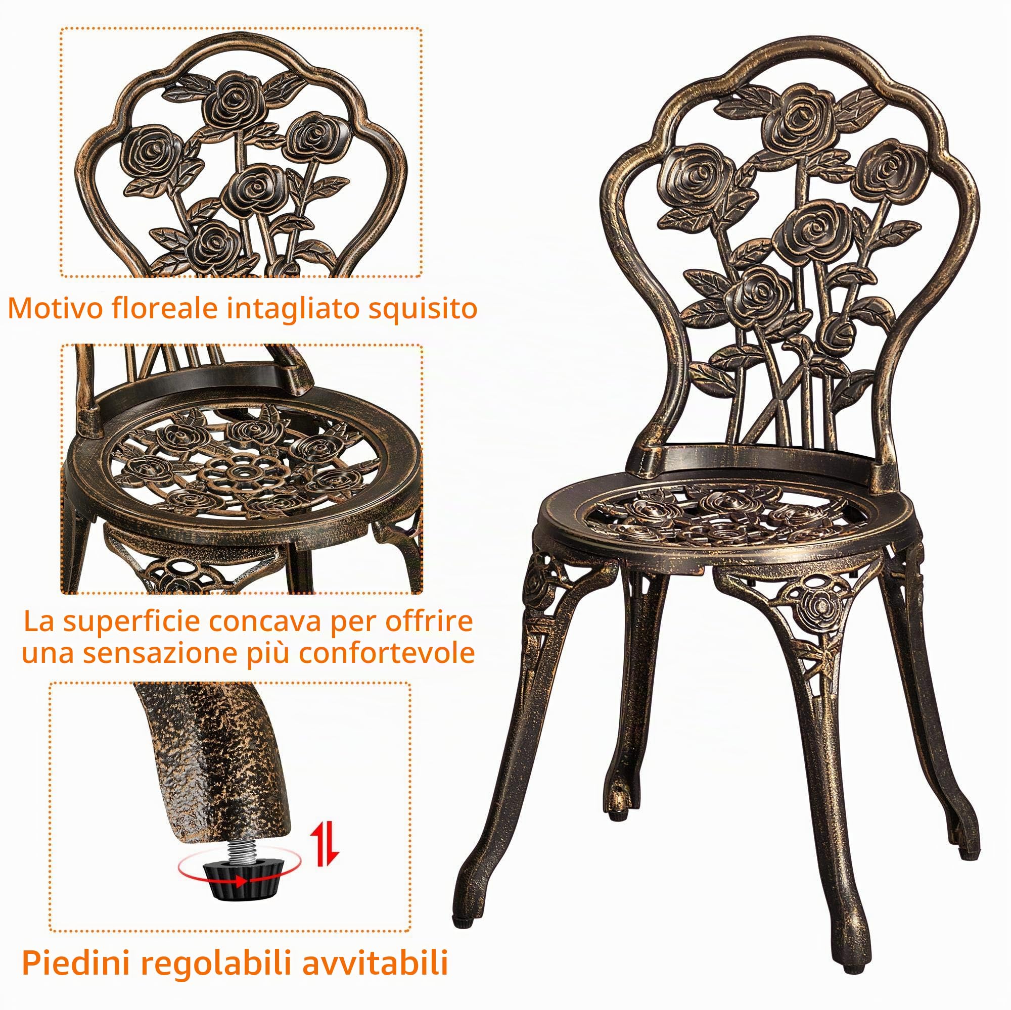 Yaheetech Set di Tavolo e Sedie da Giardino 3 Pezzi con 2 Sedie Bistrò Veranda Set Mobili Balcone Motivo a Rosa Vintage in Alluminio Bronzo