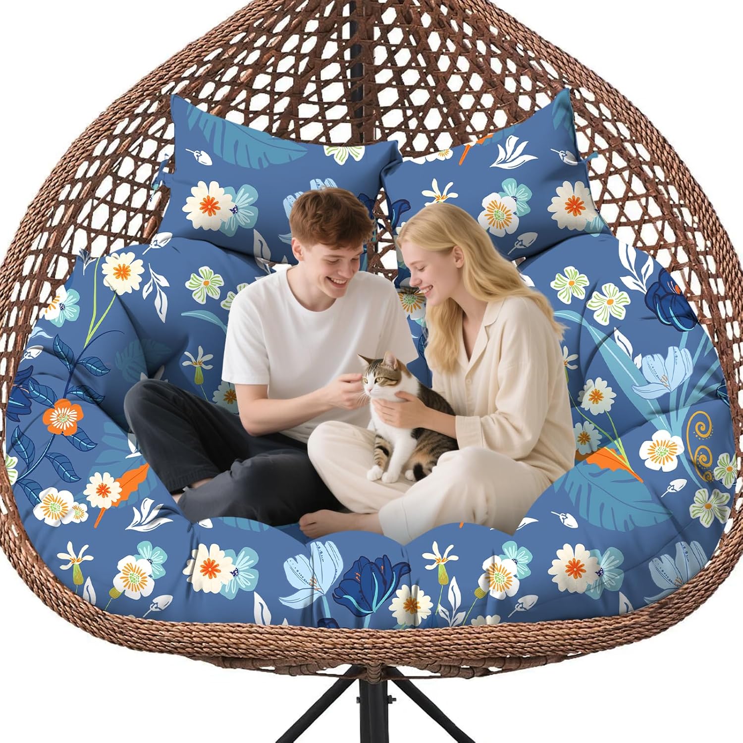 Double Egg Chair Cushion Replacement Waterproof for Outdoor Patio Hanging Basket Egg Chairs, 59x43-Inch Thickened 100% Cotton Large Double Eggs Swing Chair Cushions, Green Peony