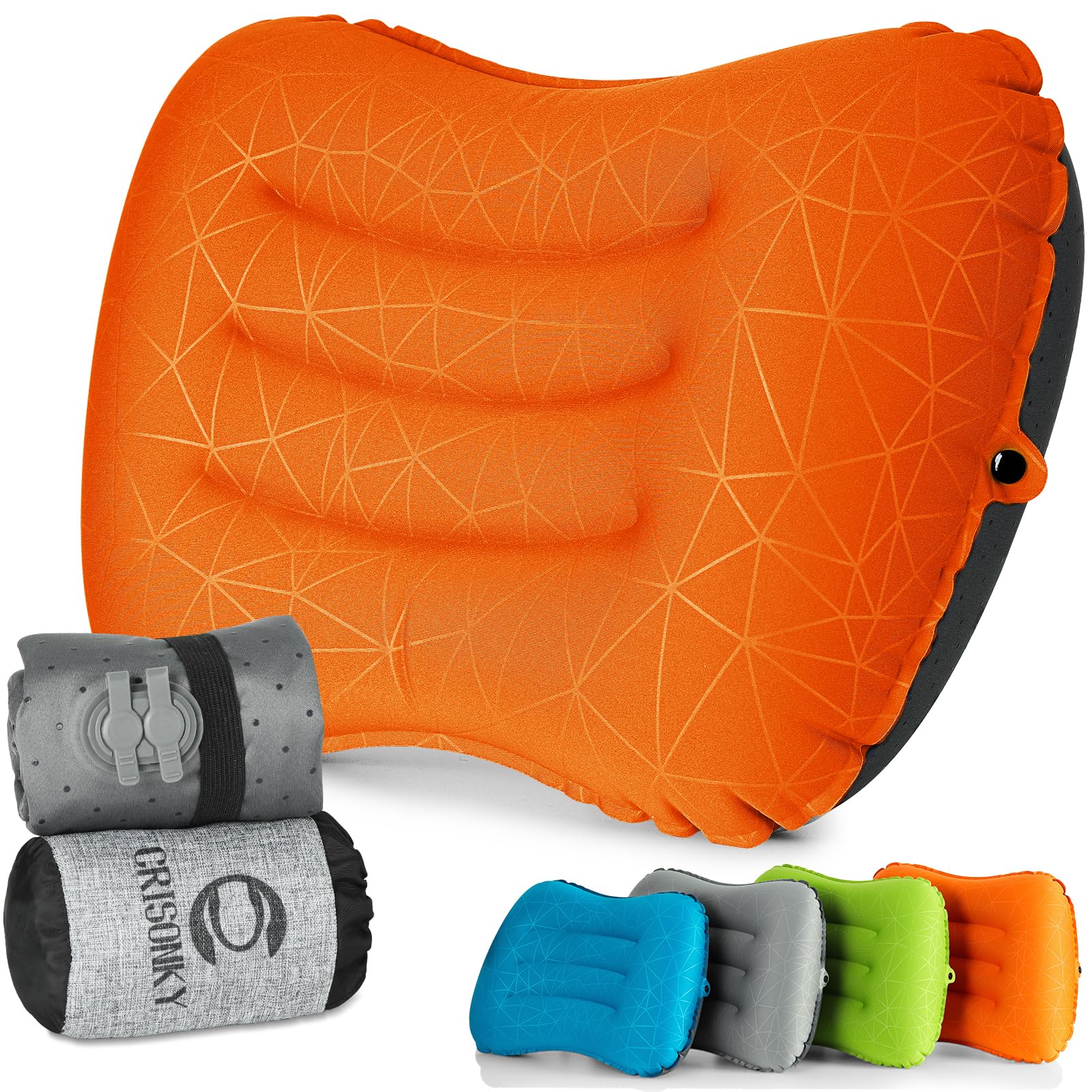 Crisonky Camping Pillow - Inflatable Pillow - Travel Pillows for Backpacking & Airplane, Lumbar Support 2.0 Blow Up Pillows, Ultralight Compressible, Comfortable, Ergonomic Pillow