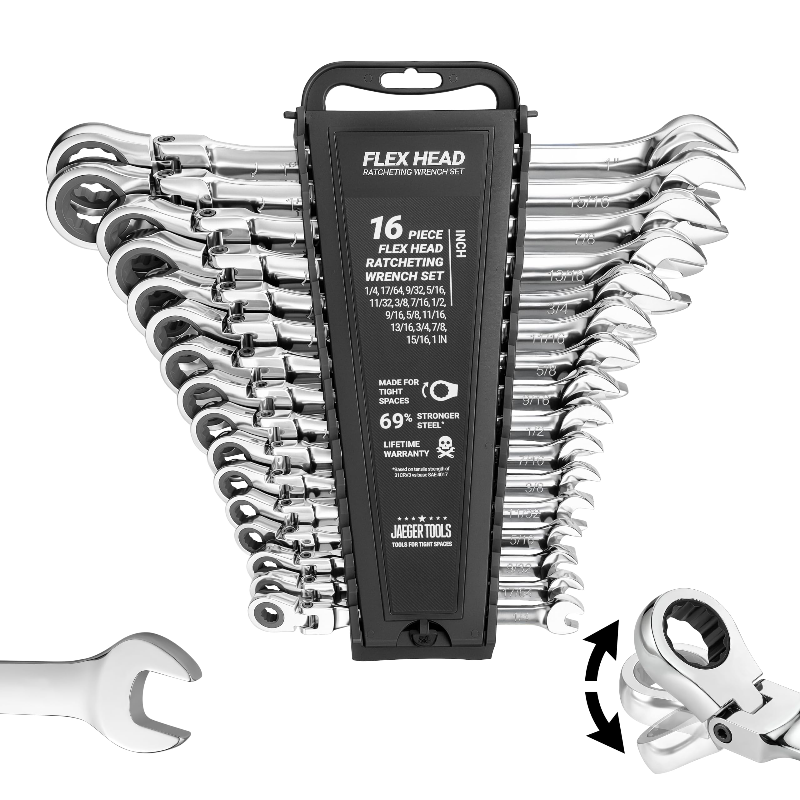 Jaeger 16pc IN/SAE Flex Head Ratcheting Wrench Set, Lock-In Rack, 12-Pt