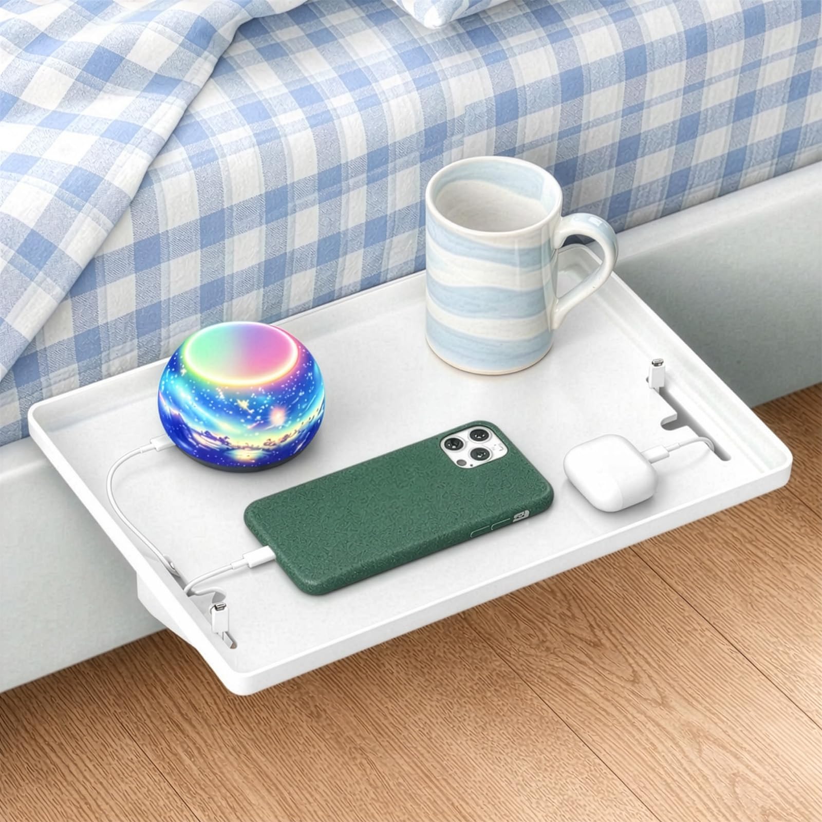 Evergoods White Clip-On Bedside Shelf For Bunk Beds – Black Space-Saving Nightstand Tray With Cable Holes, Dorm & Kids Bed Storage Organizer, Tool-Free Installation (White)