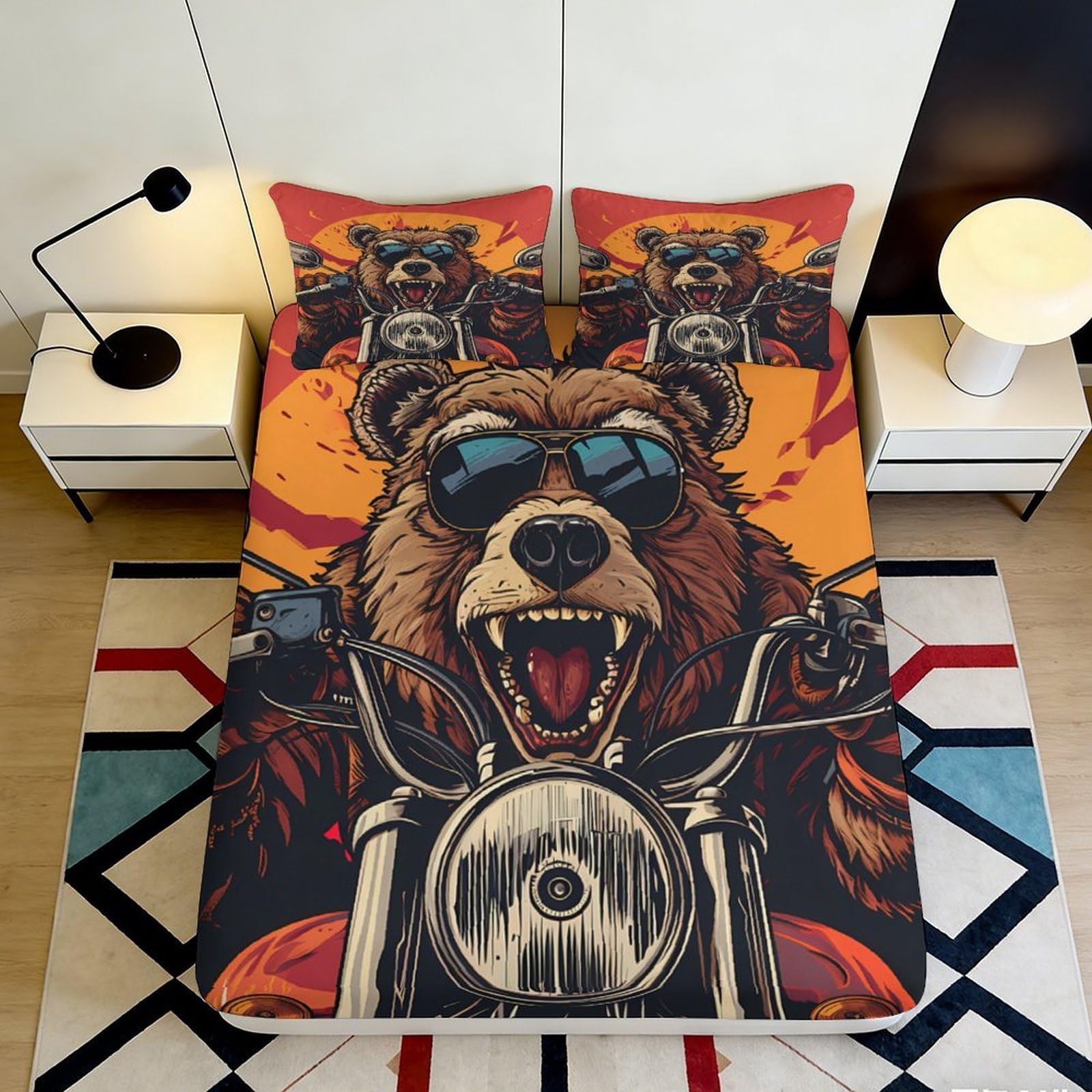 3D Printed Biker Bear Fitted Sheet Microfiber Non-Slip Deep Pocket Biker Bear Mattress Fitted Cover Bedroom Bedding Protection 160x200x25cm