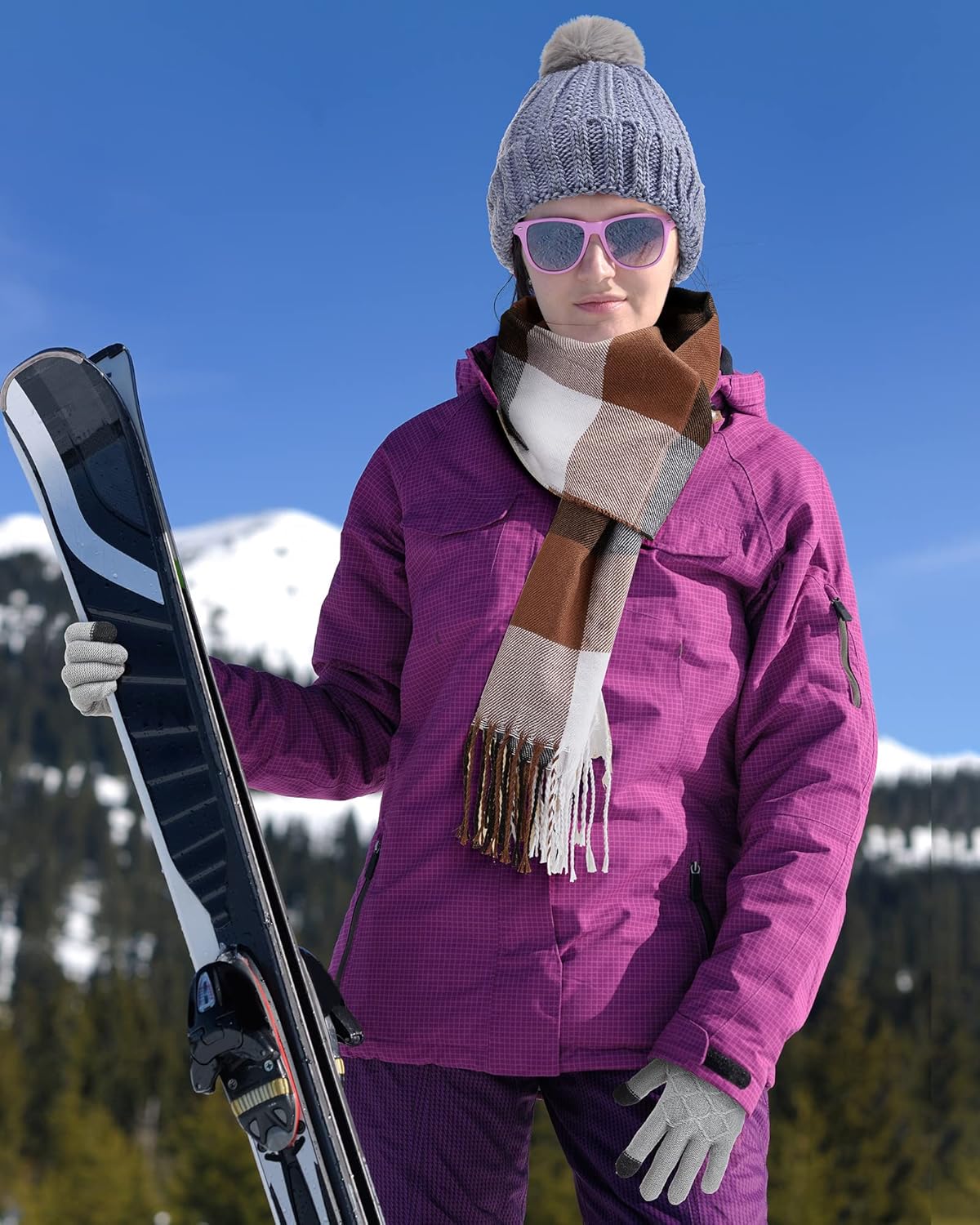 JaGely 9 Pcs Winter Warm Beanie Hat Plaid Scarf Gloves Set Winter Buffalo Plaid Scarf Knitted Beanie Hat Touch Screen Gloves for Men and Women Outdoor Running Ski - Image 7