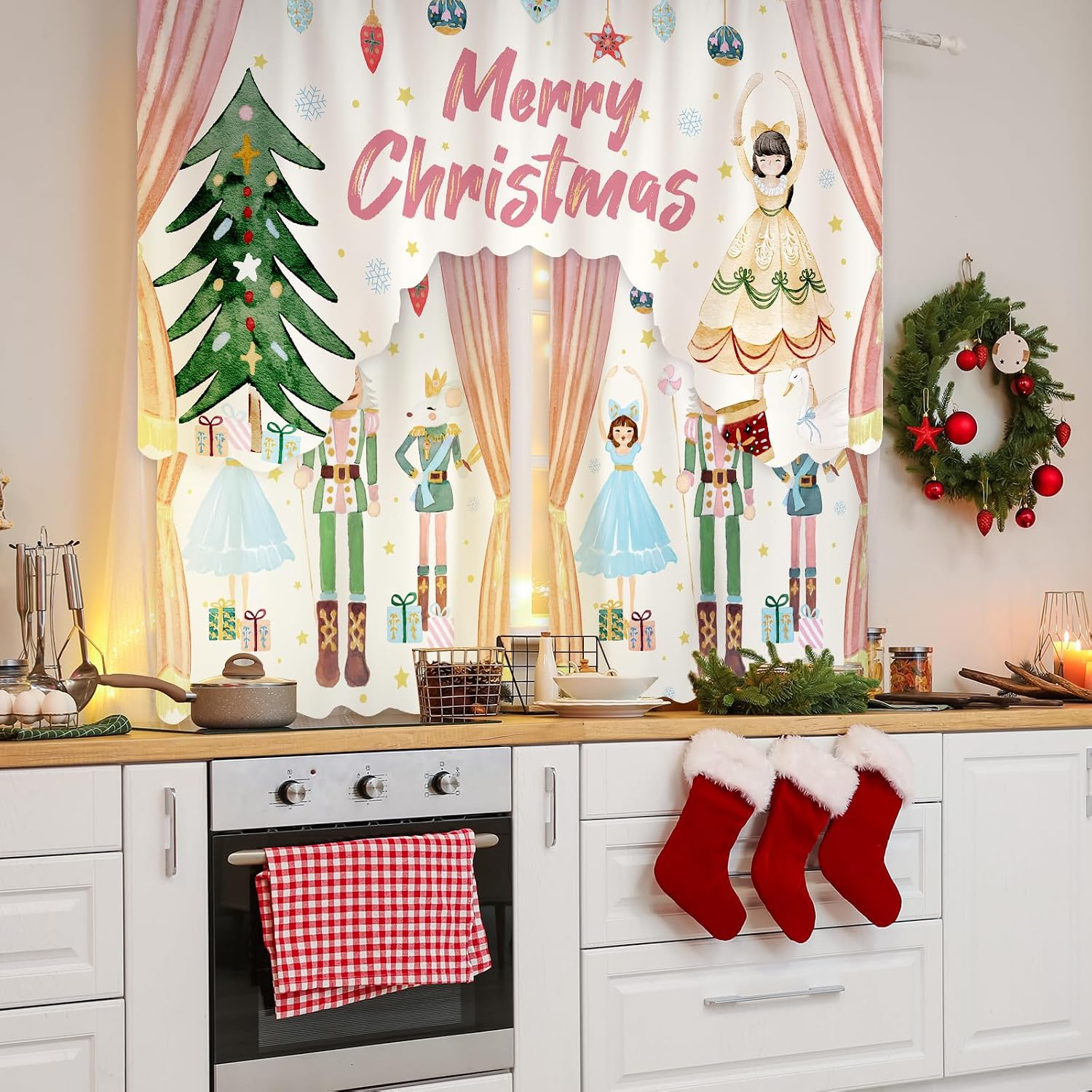 FuWeave Christmas Kitchen Curtains 3 Piece Set Pink Nutcracker Window Curtains and Valance Set Xmas Curtain Swag for Kitchen Bedroom Living Room Decor, 60 x 36 Valance, 36 x 30 Tier