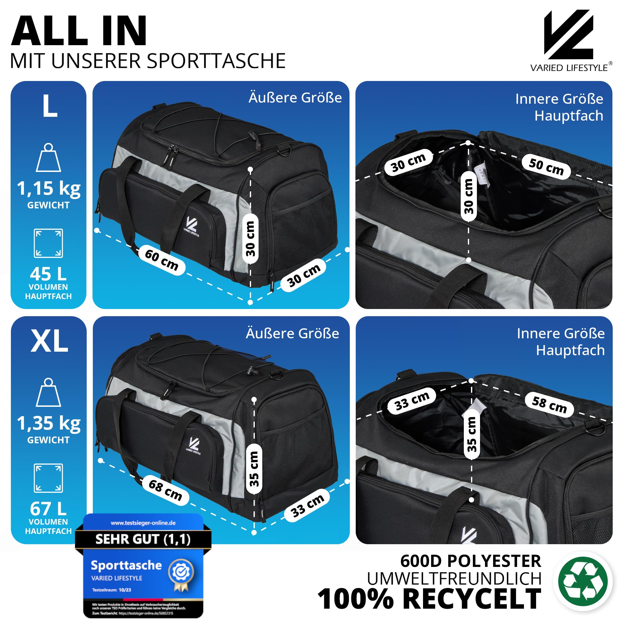 Borsa sportiva – Varianti (Parent), nero/argento, L, Borsa sportiva con scomparto per scarpe e scomparto umido e scomparto refrigerante