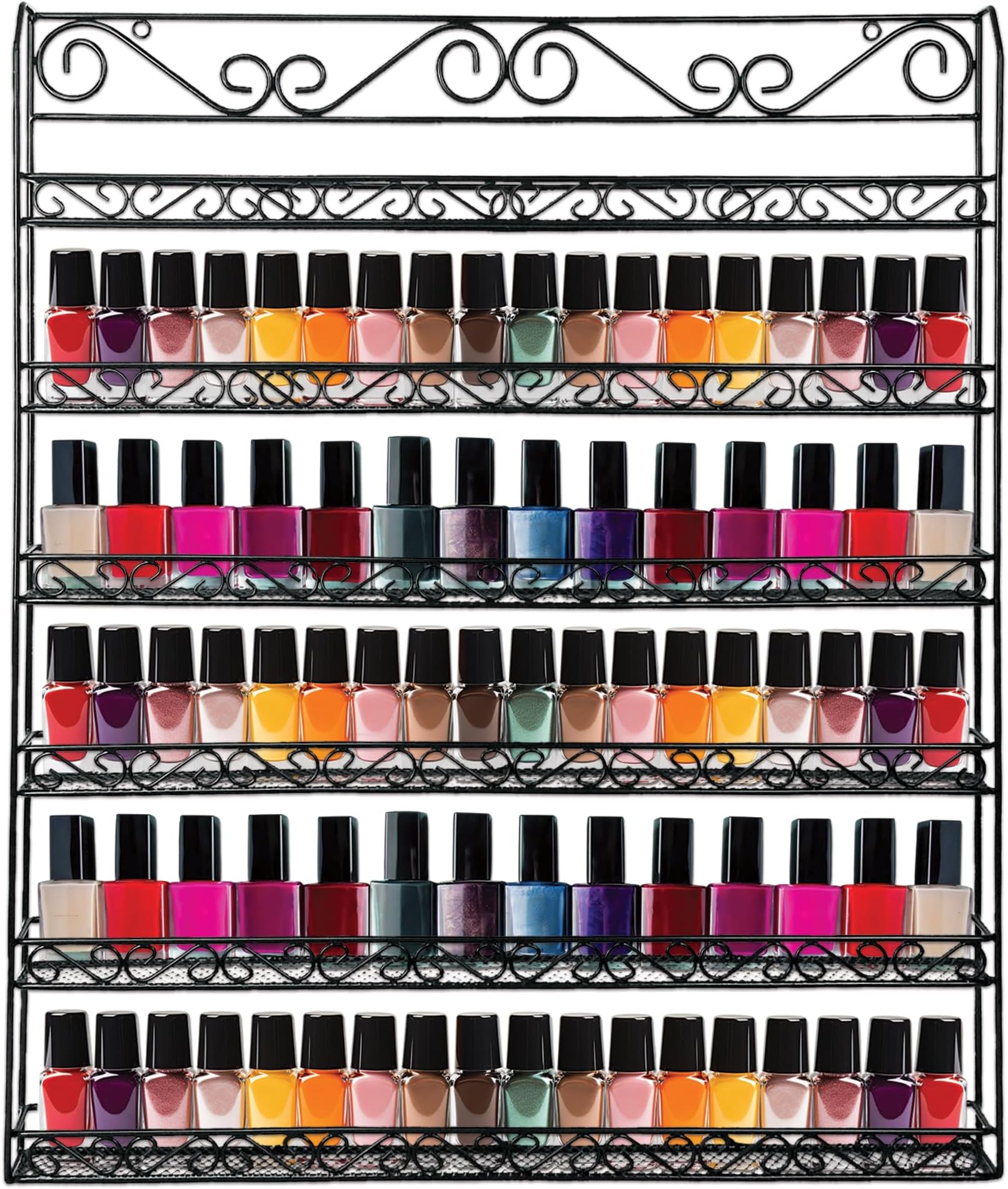 6 Tier Wall Mounted Metal Rack Shelf, Versatile Organizer for Nail Polish, Essential Oils, Kitchen Spices, and Craft Hobby Items, Sturdy Storage with Decorative Design (Black, 1pc)