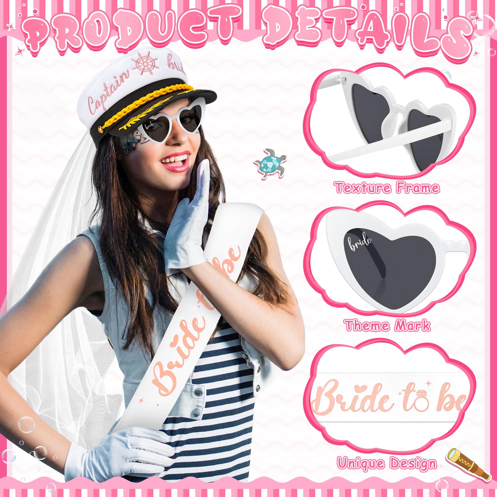 JaGely 4 accesorios de despedida de soltera para novia, sombrero de capitán con velo, gafas de sol para despedida de soltera, boda