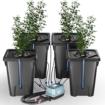 YIFOR 4 Buckets DWC Hydroponics Growing System with Top Drip Kit 7 Gallon Deep Water Culture Bucket System with Air Pump, Air