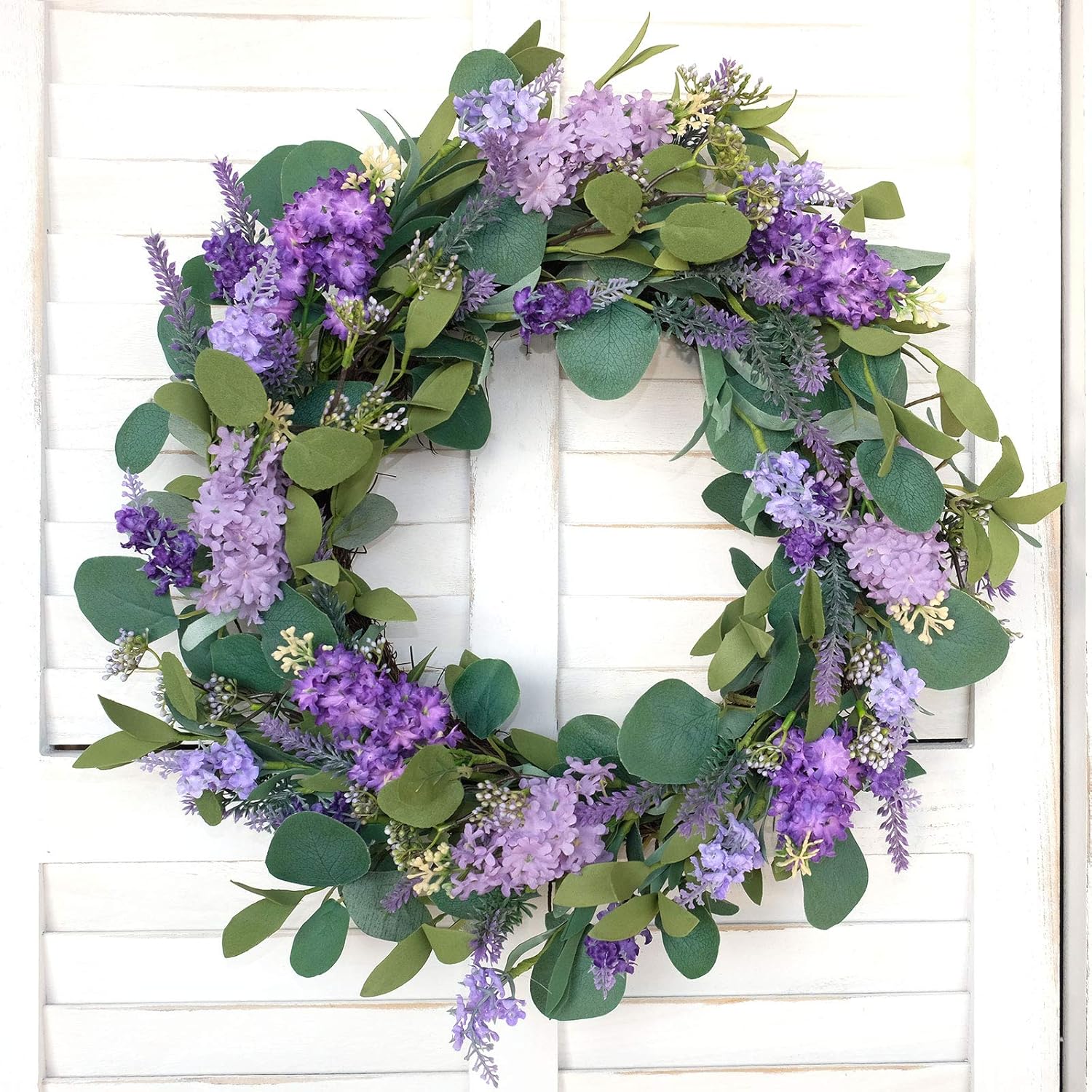 idyllic 18”Artificial Flower Eucalyptus Leaves Wreath Rustic Farmhouse Decorative Floral Wreath for Front Door Window Wedding Spring, Purple