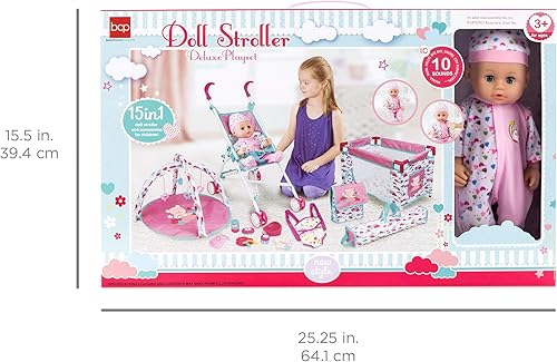 Miniatura 5 de Best Choice Products Juego de 15 piezas para niños de 13.5 pulgadas, muñeca recién nacida, juego de rol con cochecito, cuna de viaje, tapete de