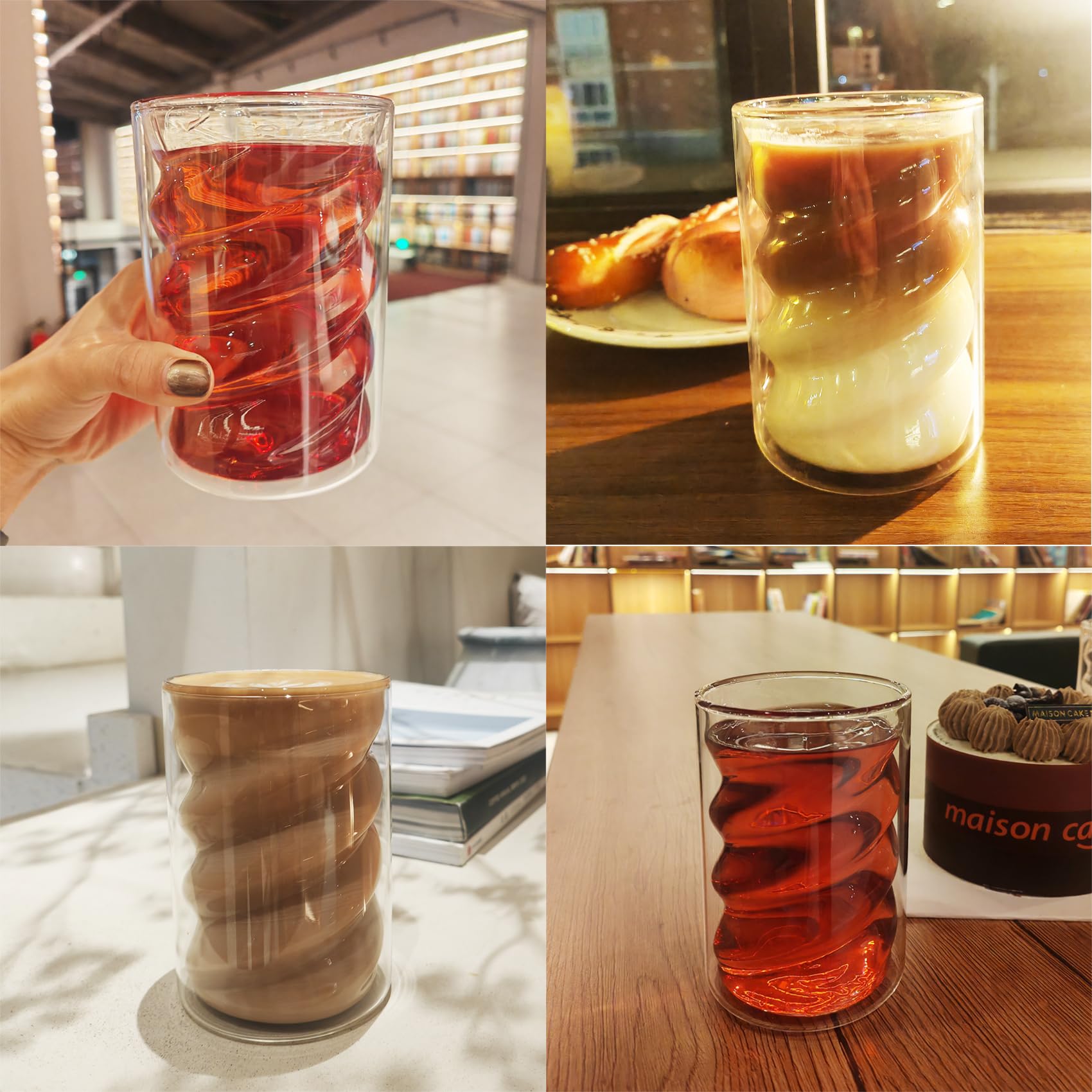 Latte Macchiato Gläser Doppelwandig 400 Ml (2 Stück) Mit Löffel – Borosilikatglas, Spiralförmiges Design