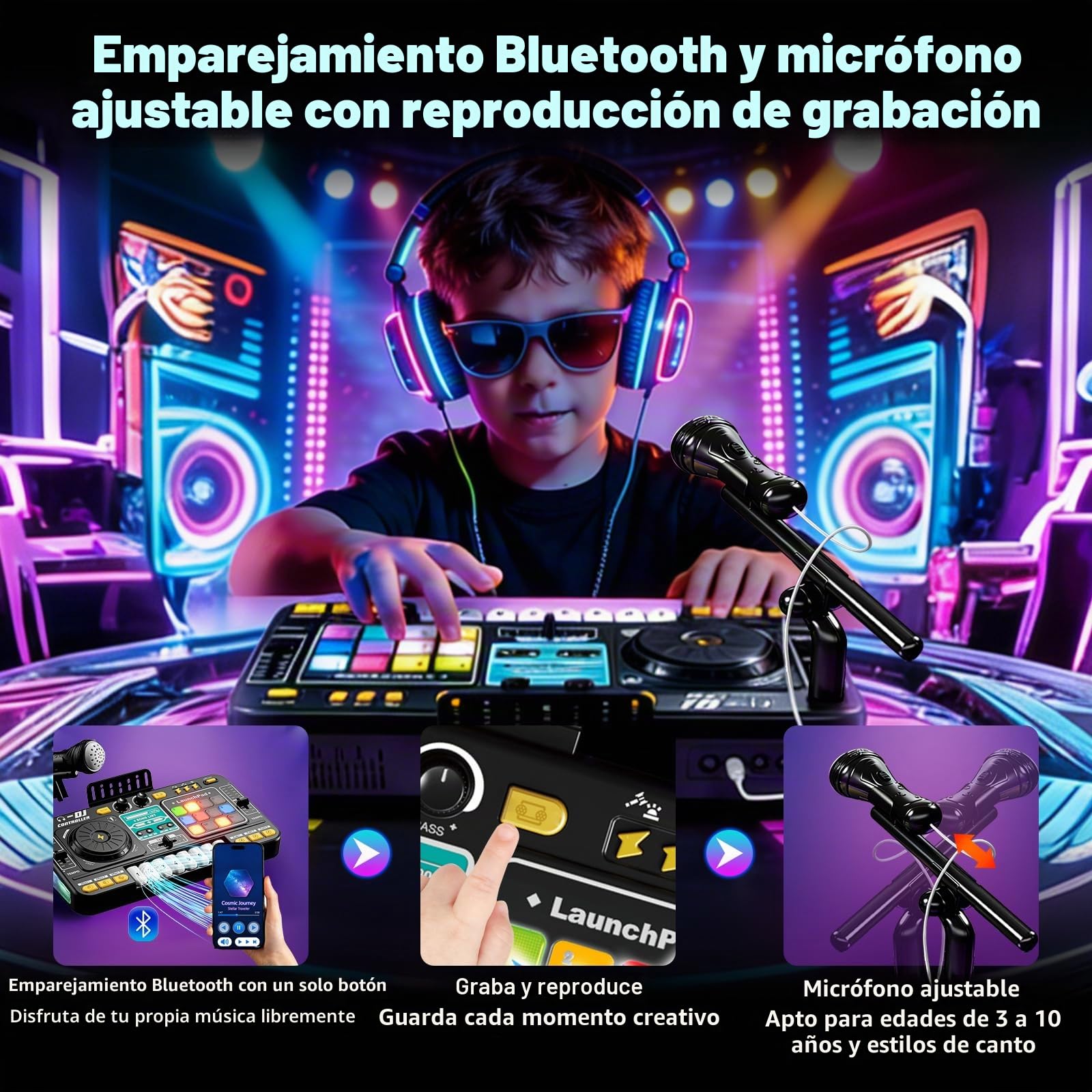 Mesa DJ Niños, Mesa de Mezclas DJ Musical Multifuncional para Niños, con Bluetooth, Micrófono, Juegos de Luces, Carga por USB, Ideal para 3 a 10 Años en Fiestas y Entretenimiento Familiar