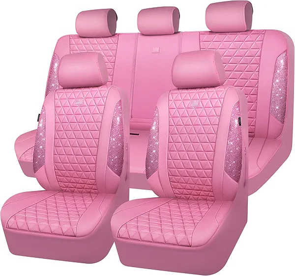 CAR PASS Bling Diamond Pink Leather Car Seat Covers Full Sets Interior Sets, Waterproof Shining Glitter Sparkly Crystal Universal Armrest Fit for Automotive Truck SUV Cute Women Girl, Pink Rhinestone