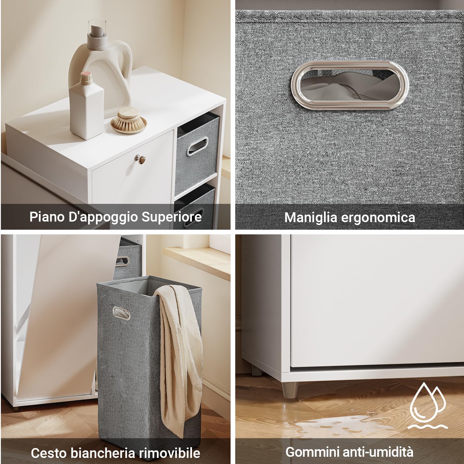 SoBuy Mobiletto Bagno Salvaspazio con Cesto Portabiancheria - Mobile Lavanderia Bianco Armadietto Bagno Stretto con 2 Cassetti in Tessuto Mobile Salvaspazio 50x30x105 cm BZR218-W