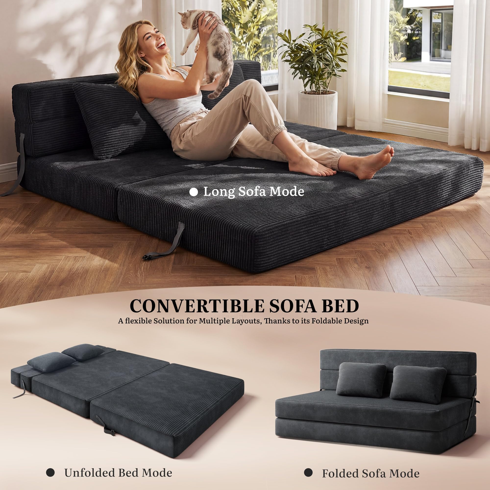 YITAHOME Convertible Sofa Bed | Floor Futon Couch with Corduroy Cover & High-Density Memory Foam, Folding Chair Bed for Dorms Guest Room and Apartment, Queen