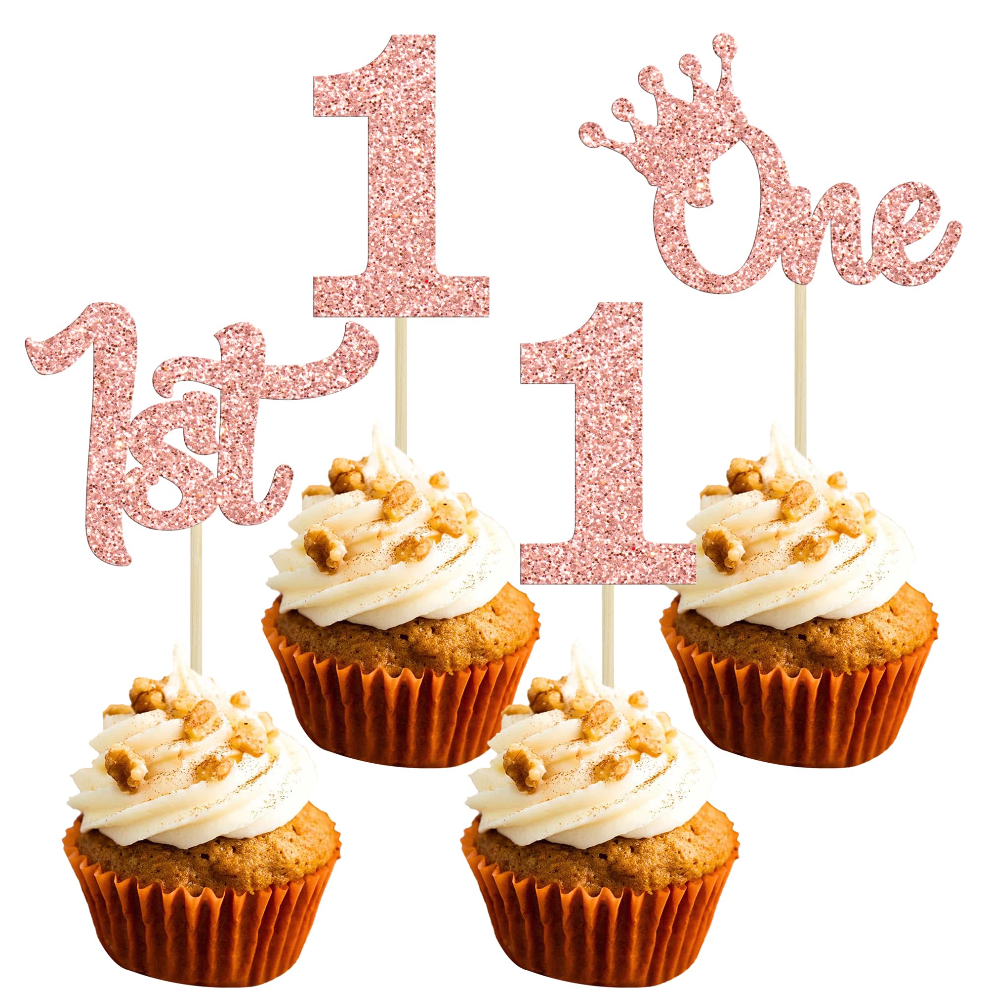 24Pcs One Cupcake Toppers Glitter 1st Birthday Cupcake Picks for Baby Shower First Birthday Party Cake Decorations Supplies Rose Gold