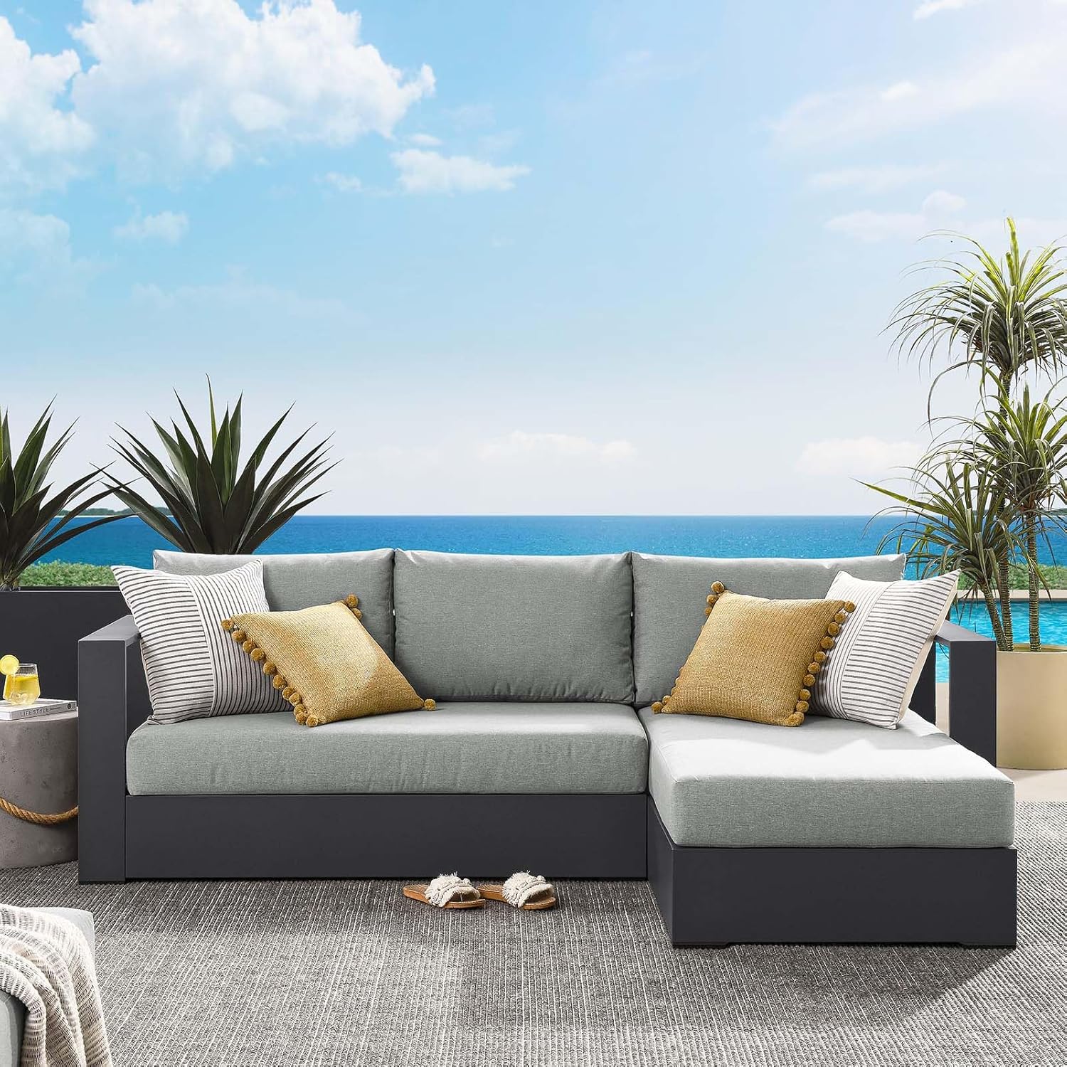 Modway Tahoe Modular Aluminum 2-Piece Outdoor Patio Furniture Gray, Right-Facing Sectional Sofa Set with Weather-Resistant Cushions, Ideal for Deck, Backyard, Poolside