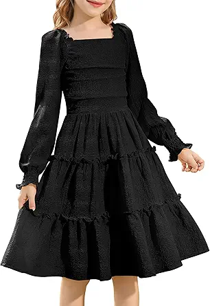 HOZIY Girls Long Sleeve Dress Ruched Smocked Tiered Ruffle A-Line Casual Boho Teen Dresses with Pocket Size 6-16 Years