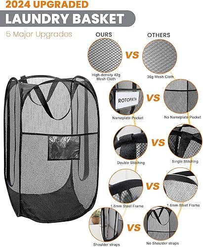 Miniatura 2 de Paquete de 2 cestas plegables de malla resistente con bolsillos para etiqueta de nombre y 4 asas de transporte, cesta plegable para ropa sucia